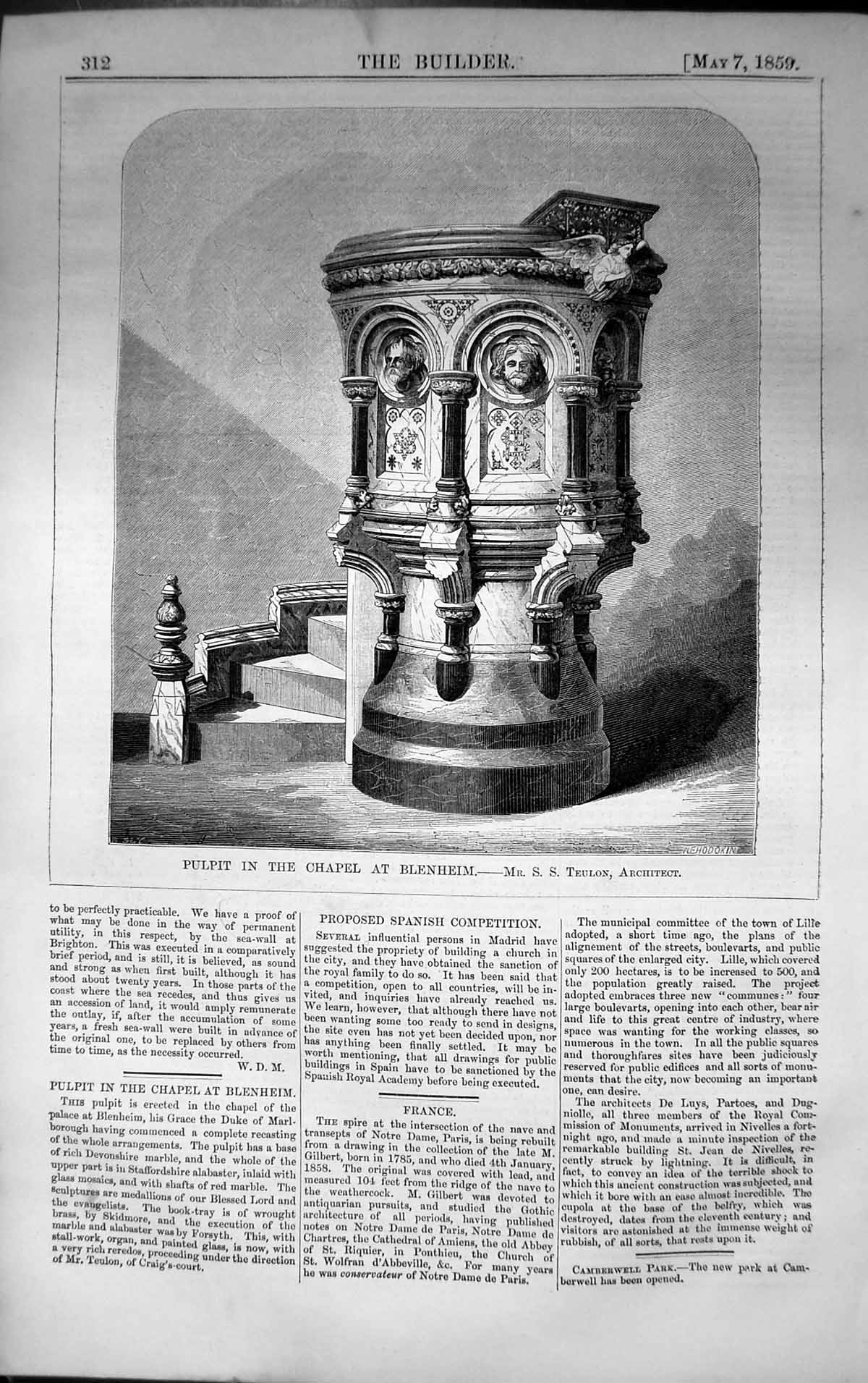 Old Antique Print Pulpit Chapel Blenheim Teulon Architecture 1859 Builder 19th