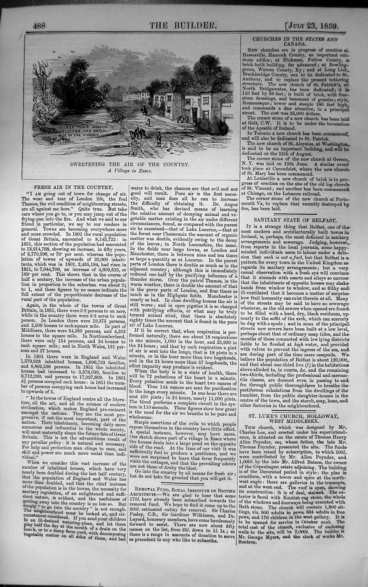 Old Print Sweetening Air Country Village Scene Essex England 1859 Builder 19th