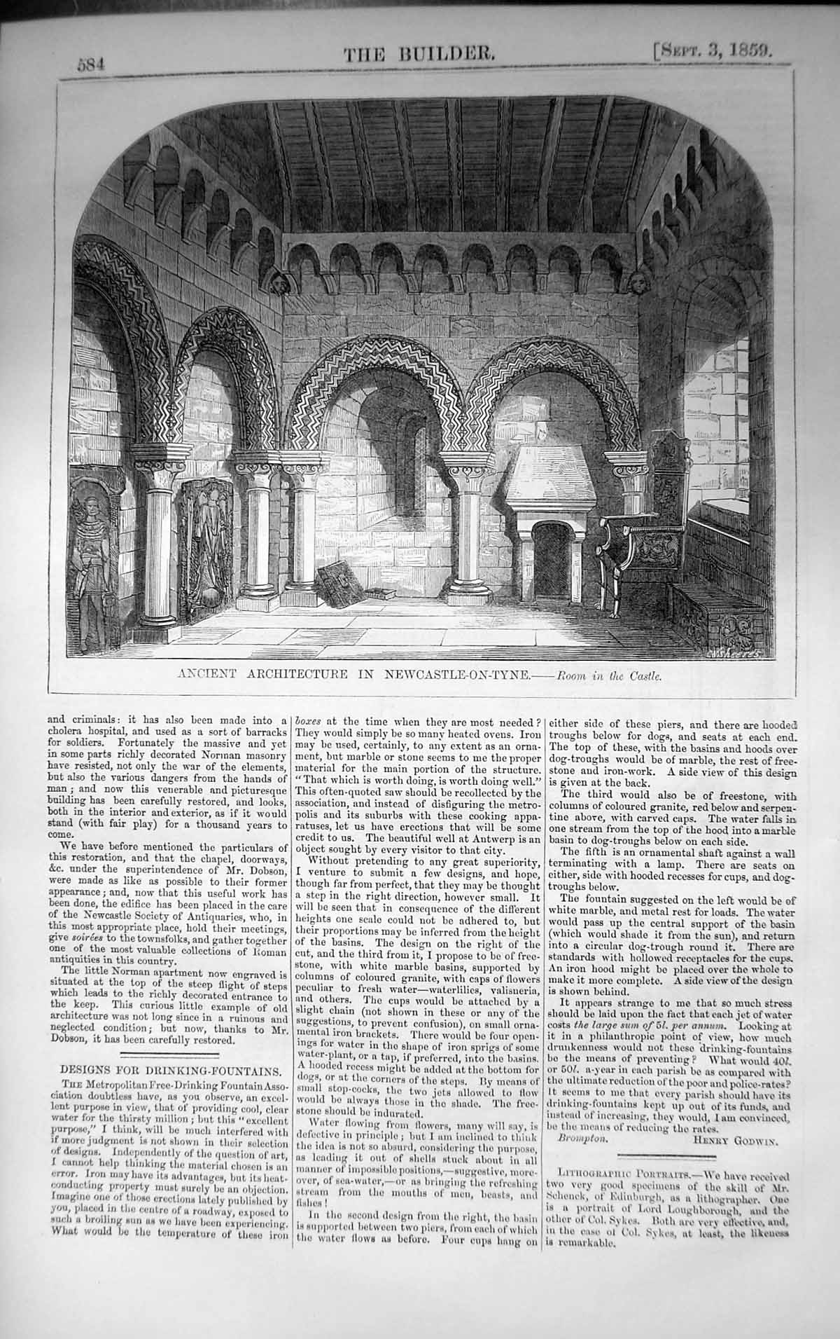 Old Print Ancient Architecture Newcastle-On-Tyne Castle Room 1859 Builder 19th
