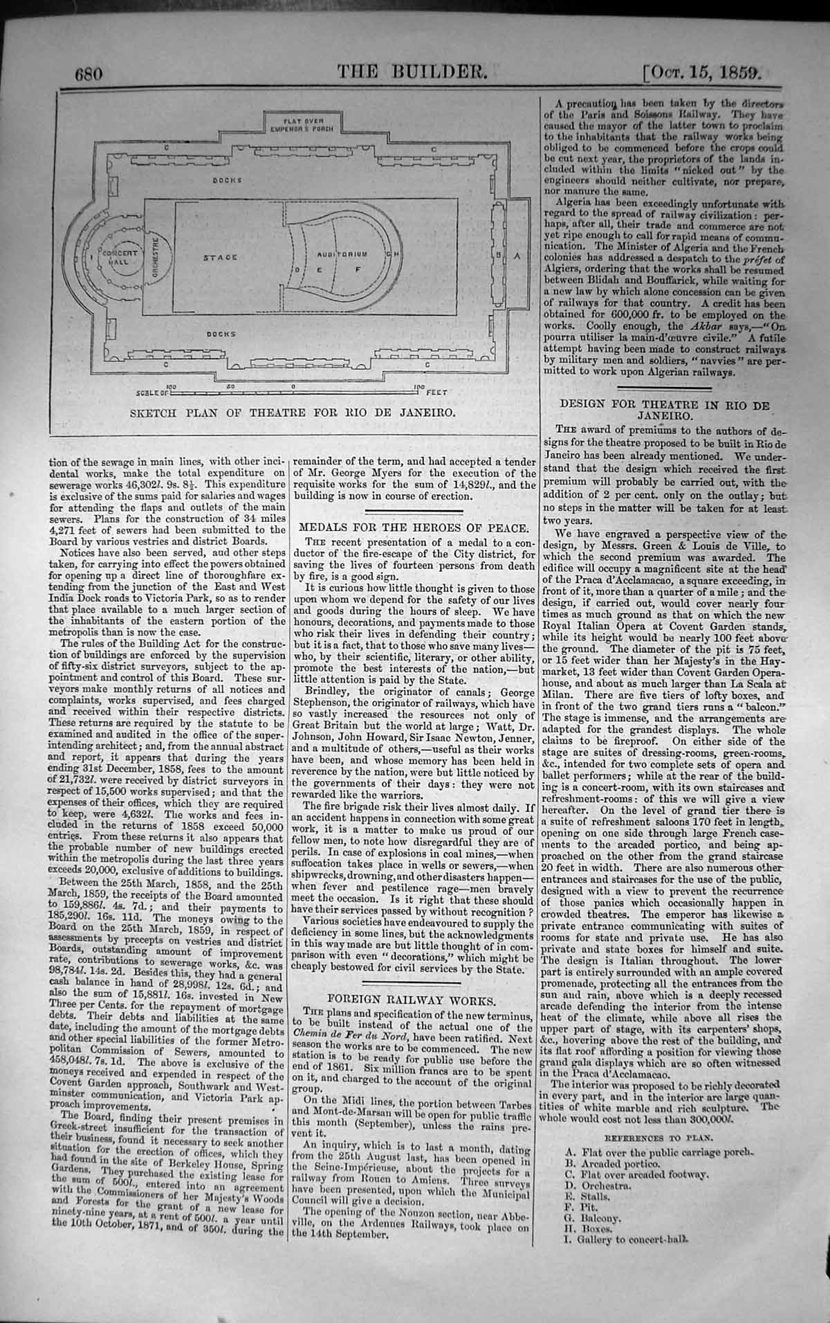 Antique Print Sketch Plan Theatre Rio De Janeiro Architecture 1859 Builder 19th