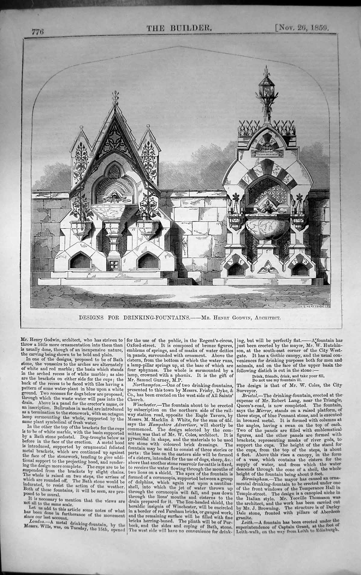 Old Designs Drinking Fountain Henry Godwin Architecture 1859 Builder Victorian