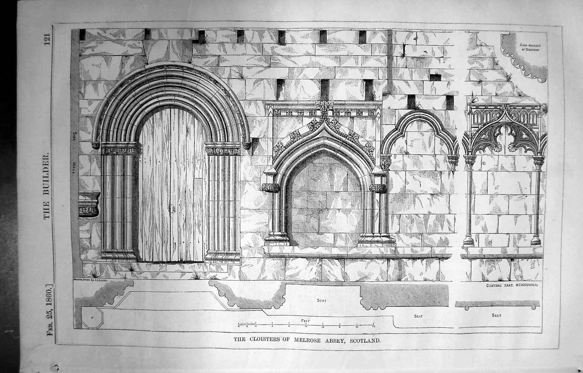 Antique Old Print Builder 1860 Architecture Cloisters Melrose Abbey Scotland