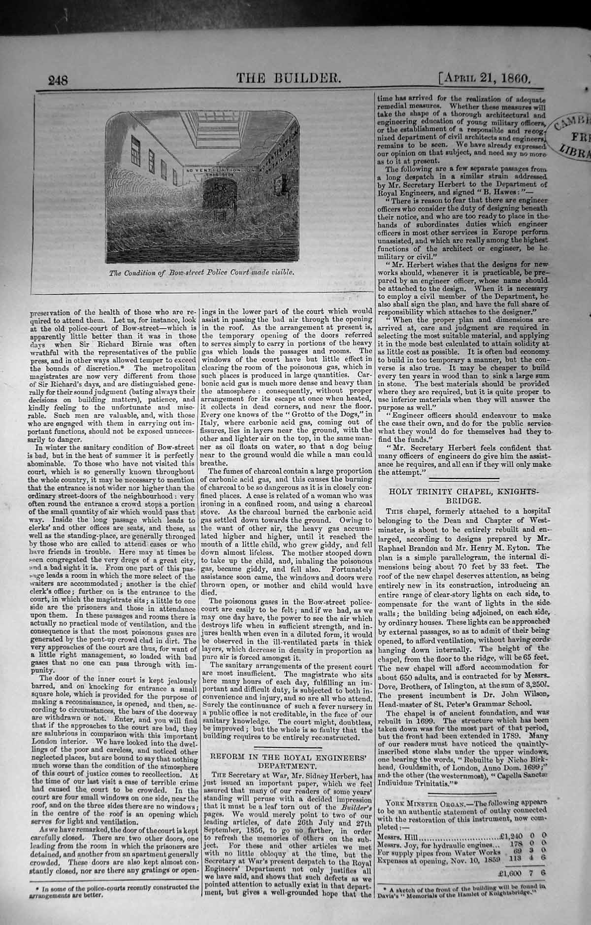 Antique Print Bow Street Police Court Ventilation Builder 1860 Architecture