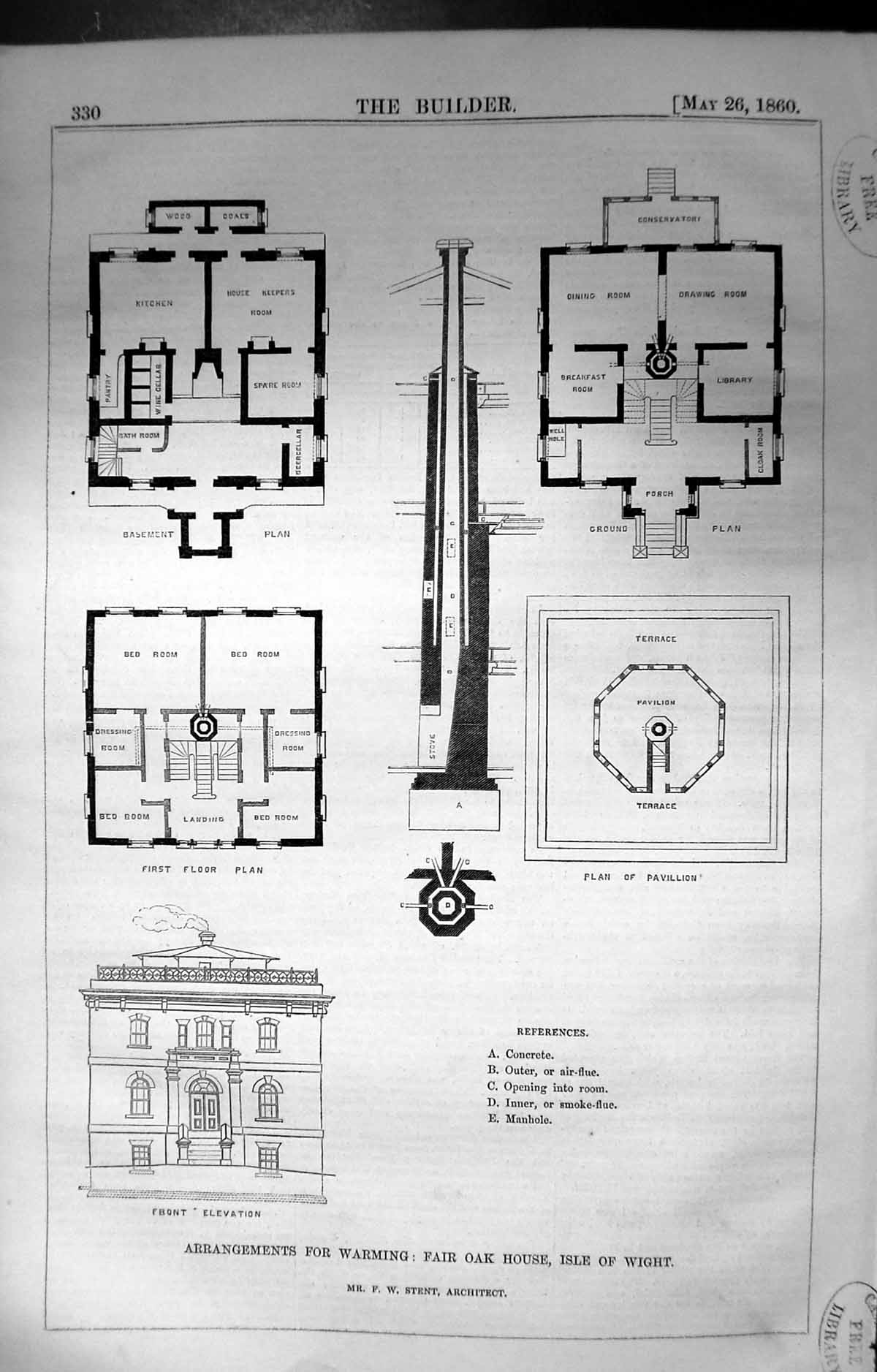 Old Print Fair Oak House Isle Wight Plan Stent Builder 1860 Architecture 19th