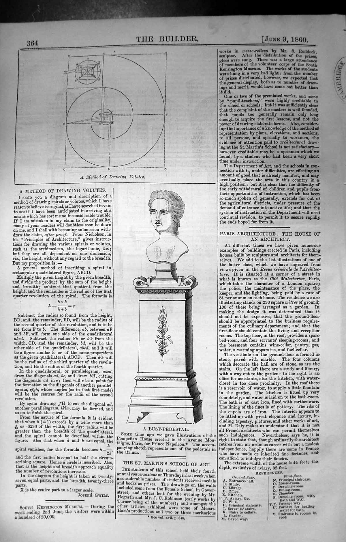 Old Print Bust Pedastel Method Drawing Volutes Builder 1860 Architecture 19th