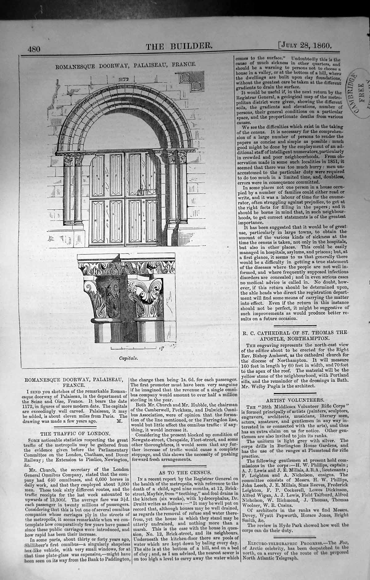 Antique Print Builder 1860 Architecture Romanesque Doorway Palaiseau France