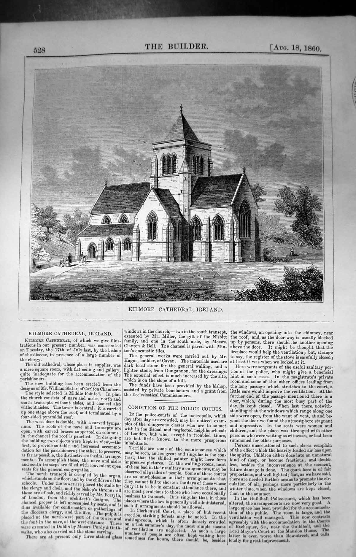 Original Old Antique Print Kilmore Cathedral Ireland Builder 1860 Architecture