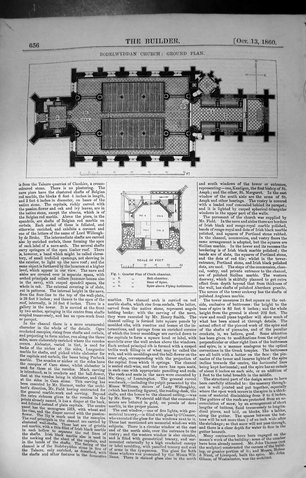 Antique Old Print Ground Plan Bodelwyddan Church Builder 1860 Architecture 19th
