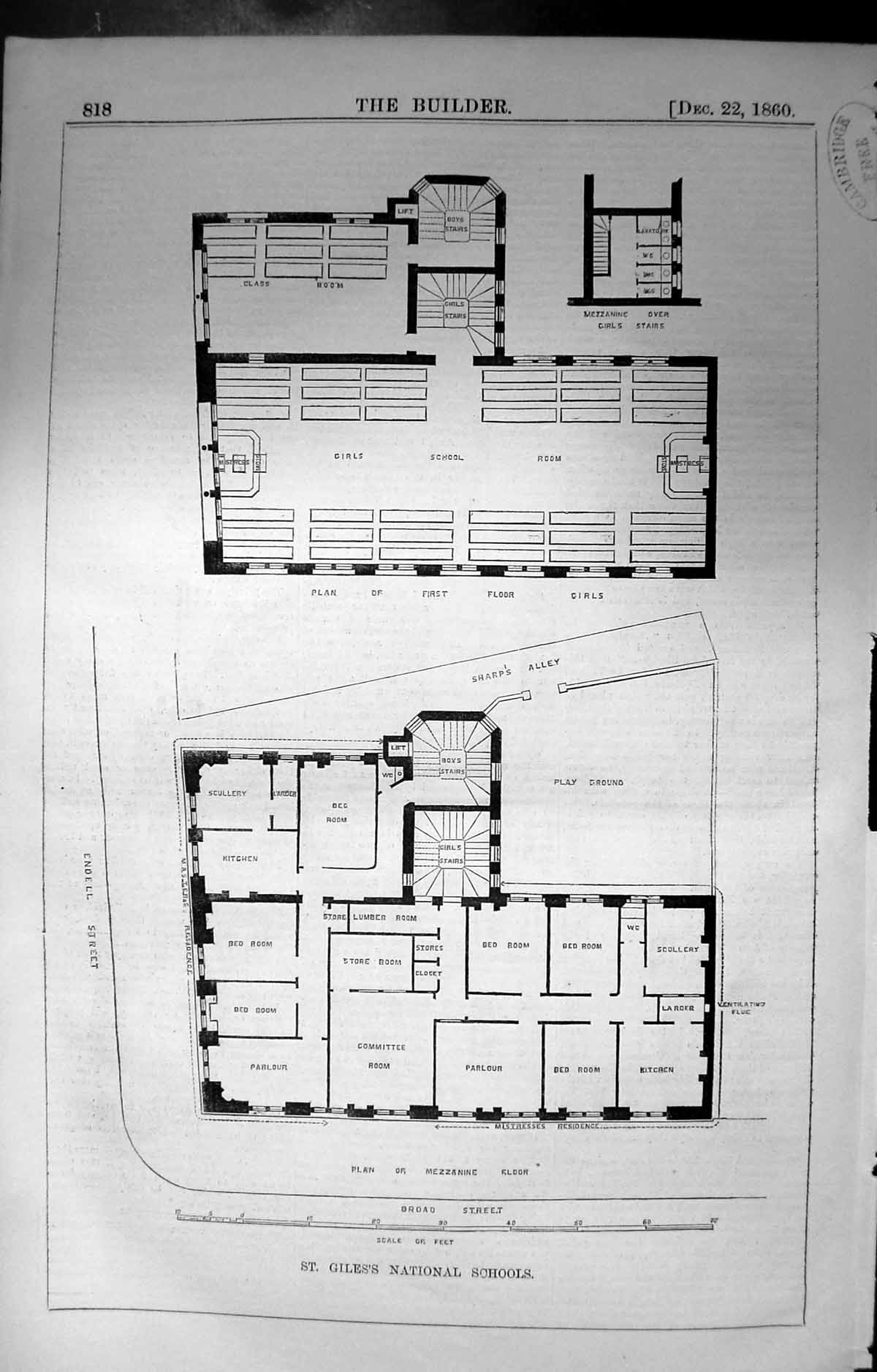 Antique Old Print St. Giles'S National Schols Plan Builder 1860 Architecture