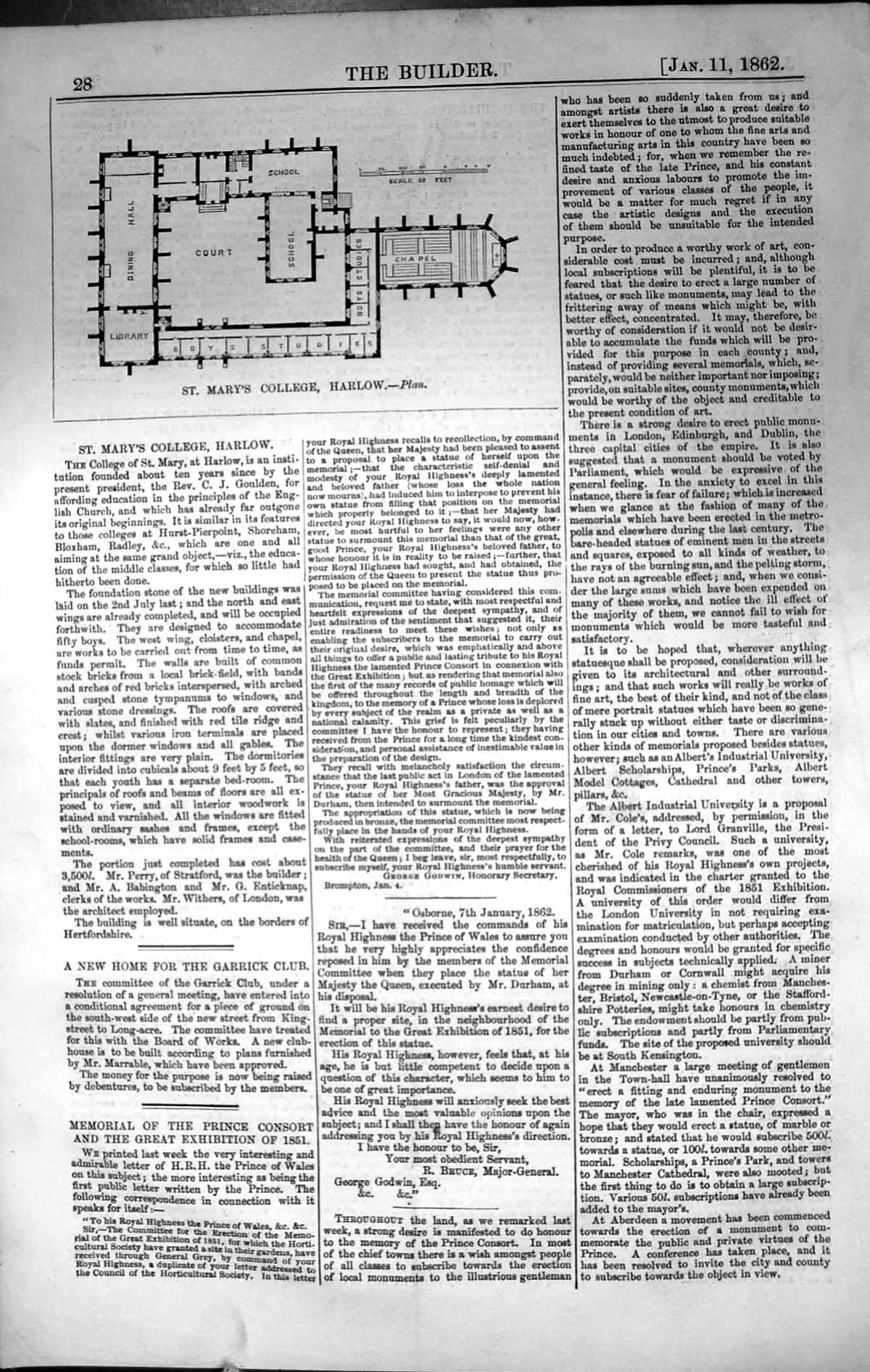 Antique Old Print Plan St. Mary'S College Harlow Architecture 1862 Builder 19th