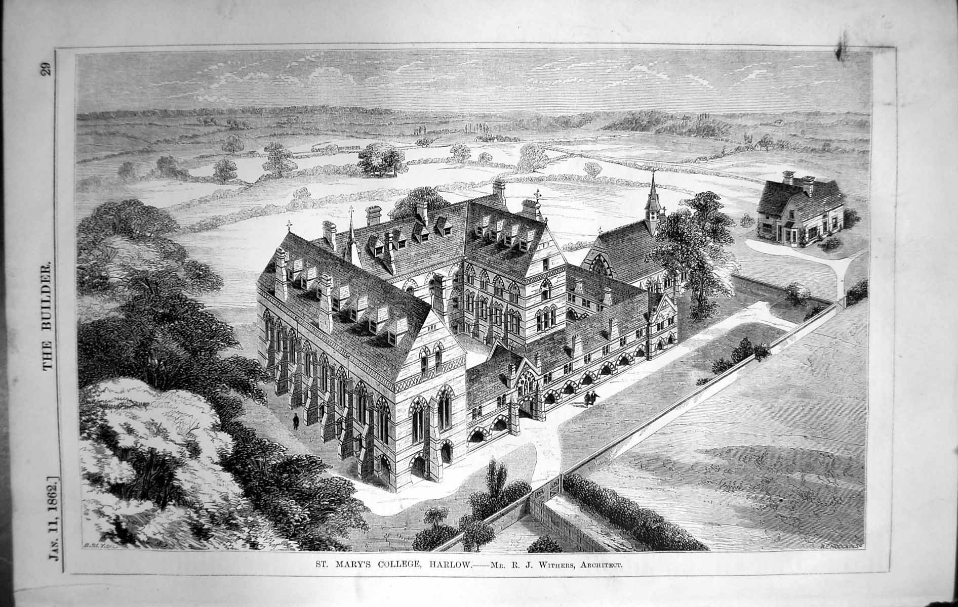 Antique Old Print St. Mary'S College Harlow Withers Architecture 1862 Builder