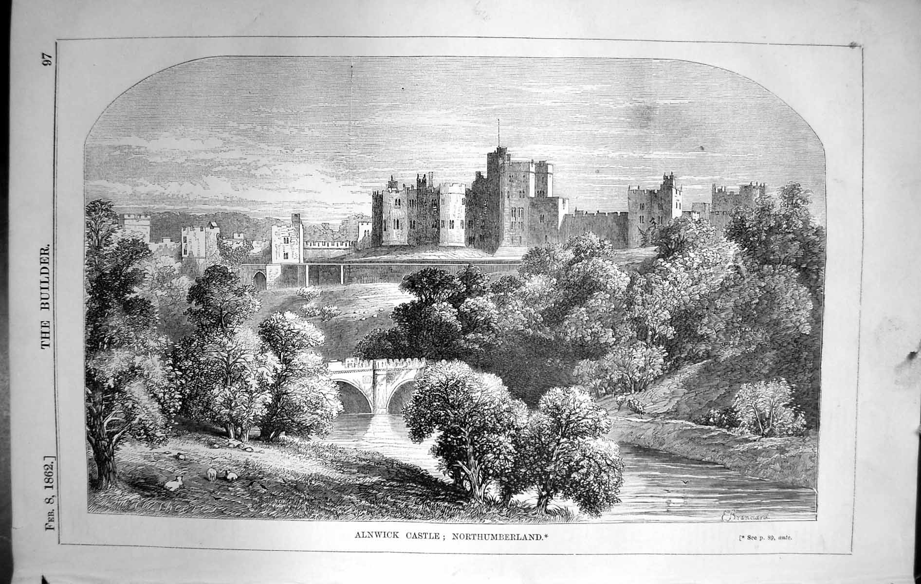 Old Antique Print Alnwick Castle Northumberland Architecture 1862 Builder 19th