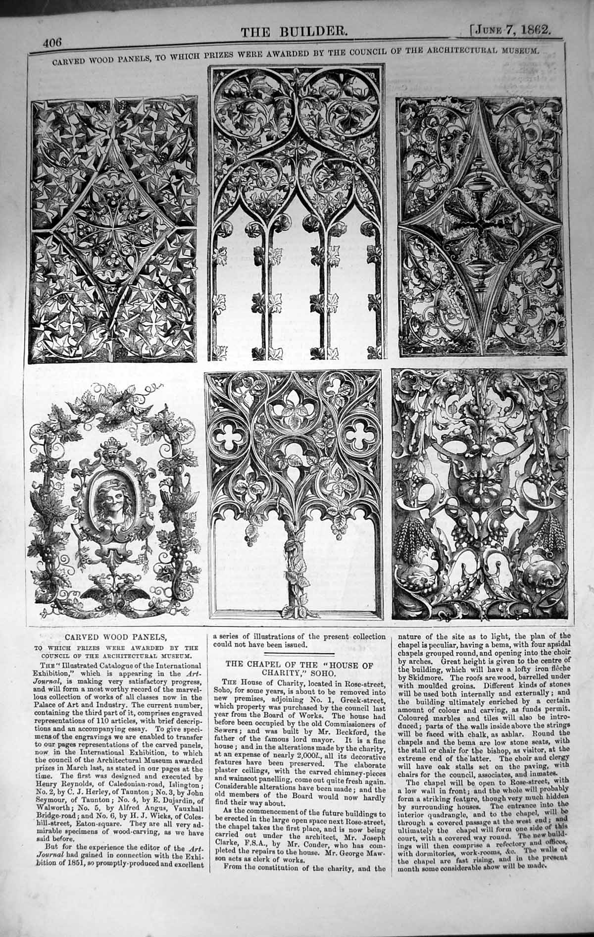 Antique Old Print Carved Wood Panels Council Architecture Museum 1862 Builder