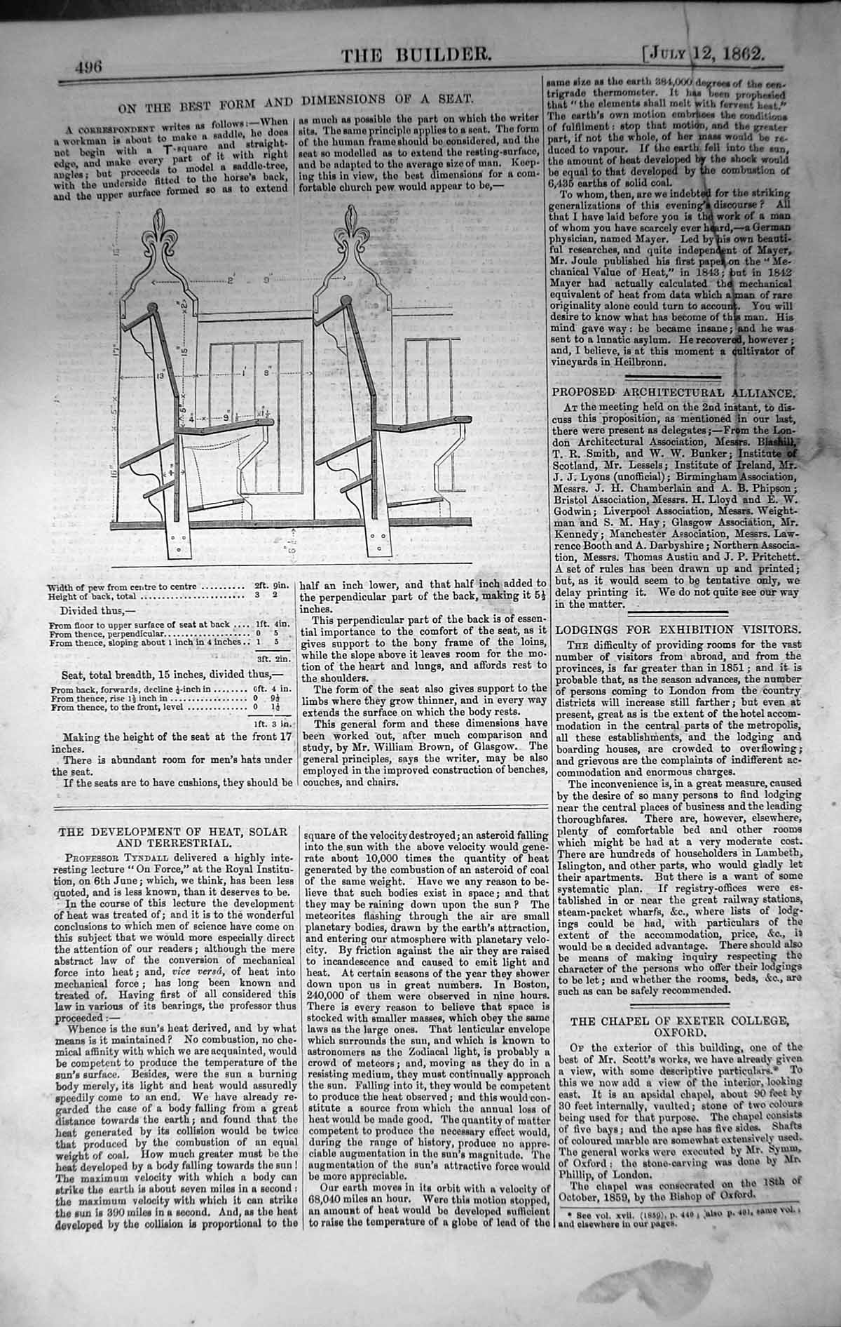 Original Old Antique Print Architecture 1862 Builder Dimensions Seat Furniture