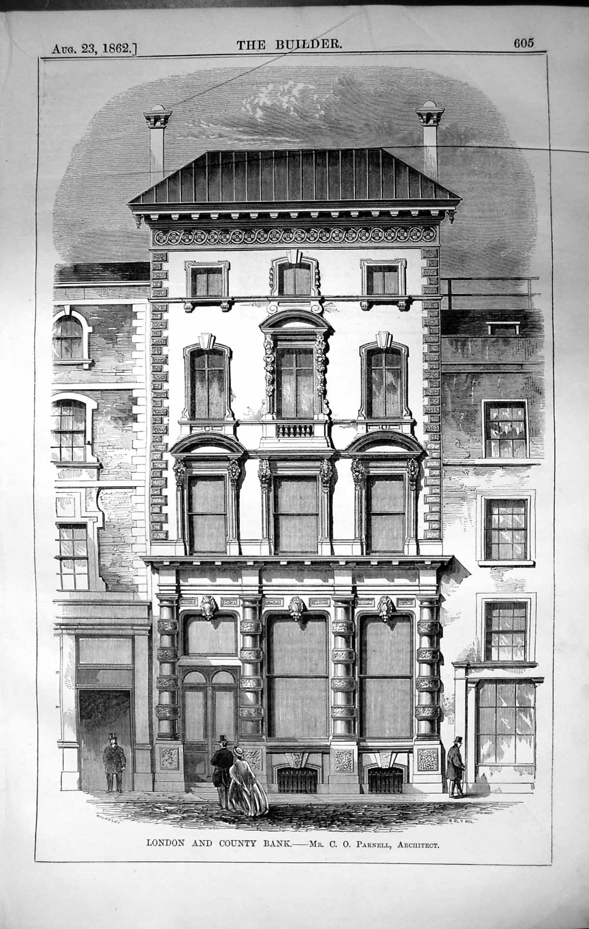 Antique Print London County Bank Building Parnell Architecture 1862 Builder