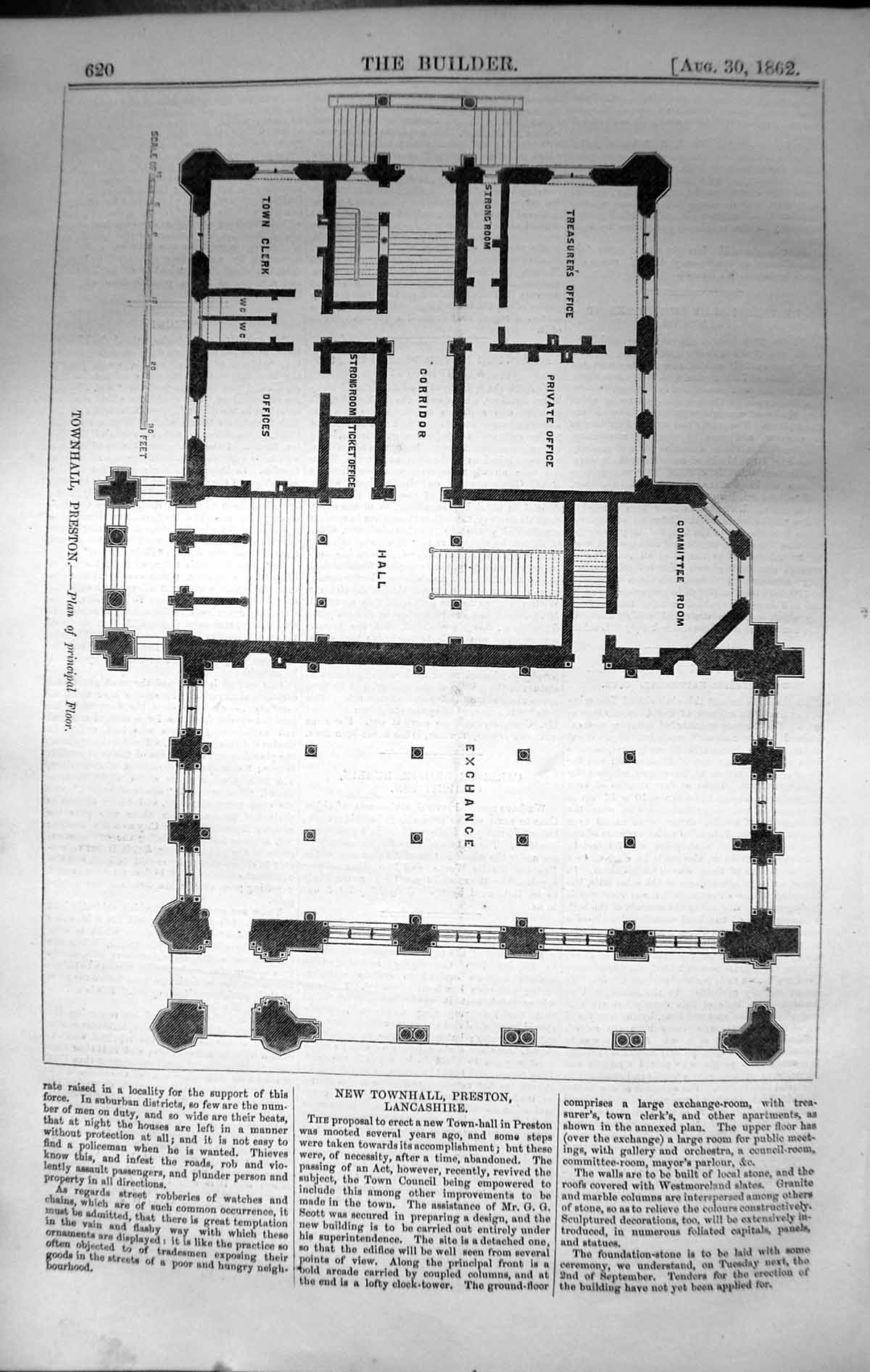Old Print Townhall Preston Principal Floor Plan Architecture 1862 Builder 19th