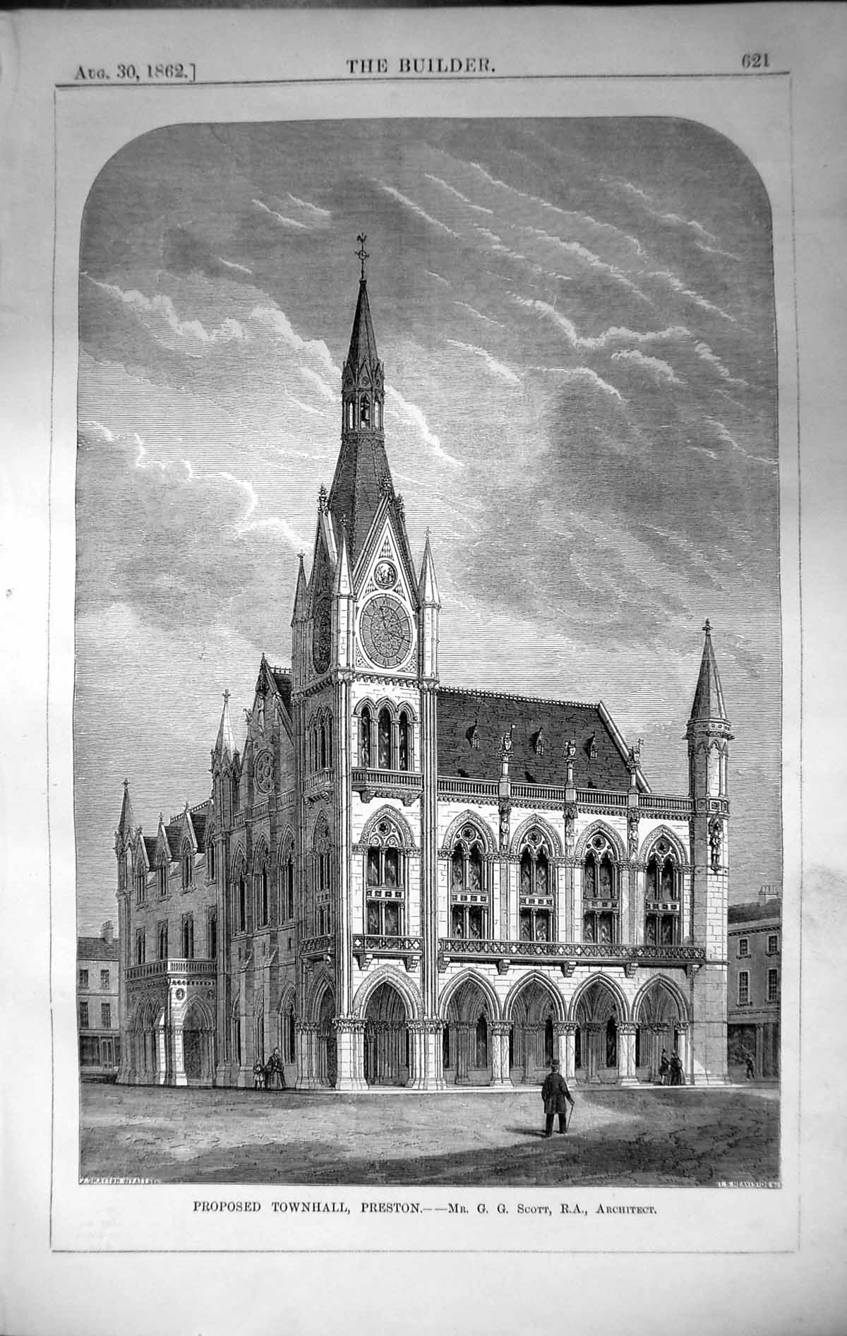 Antique Old Print Proposed Townhall Preston Scott Architecture 1862 Builder