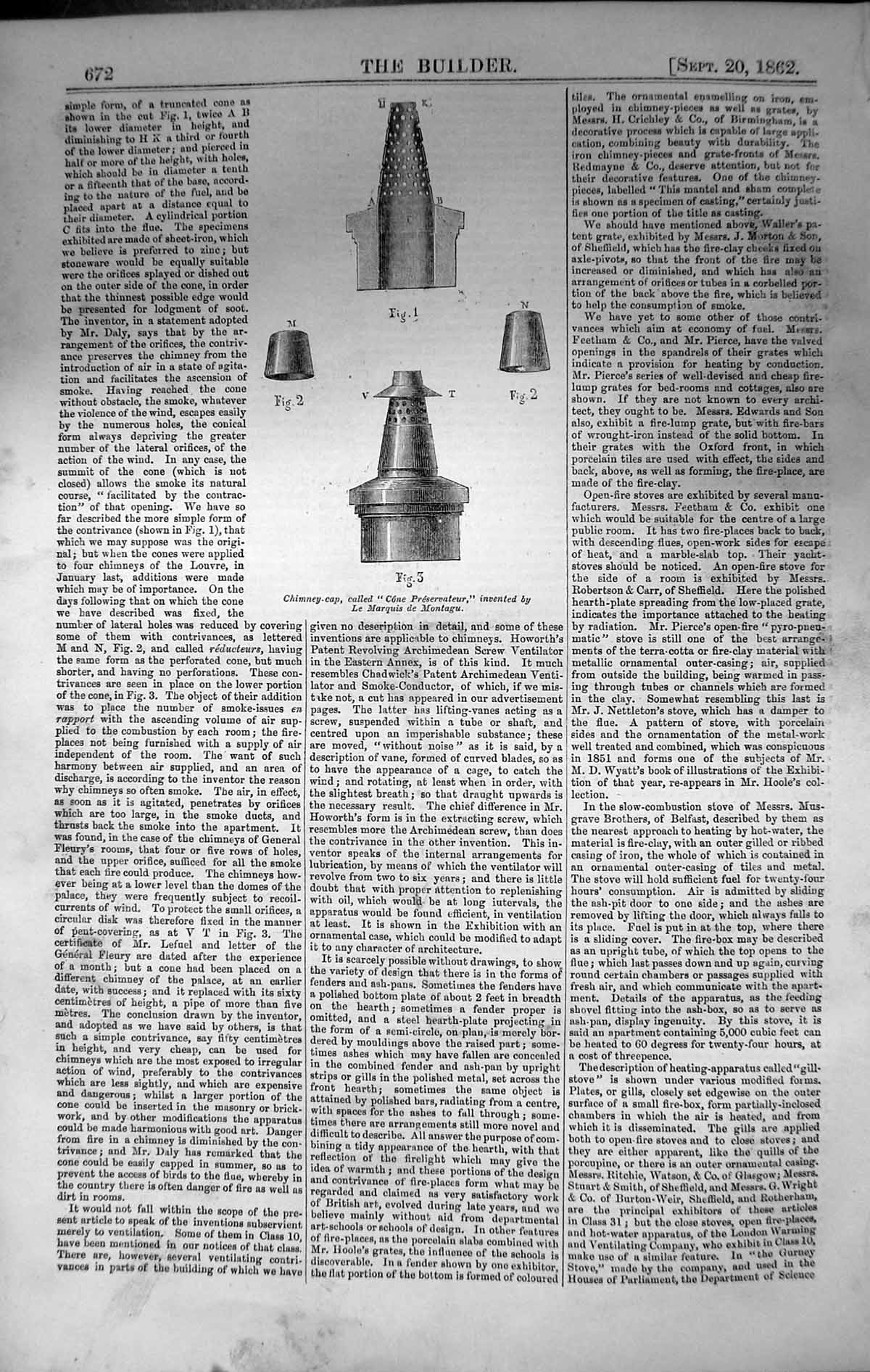 Antique Old Print Chimney Cap Cone Preservateur Marquis Montagu 1862 Builder