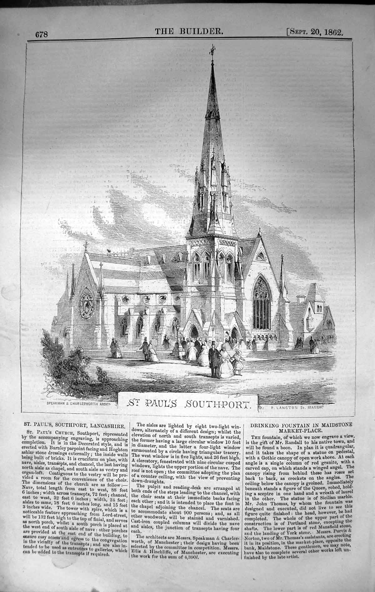 Antique Old Print St. Paul'S Southport Lancashire Architecture 1862 Builder