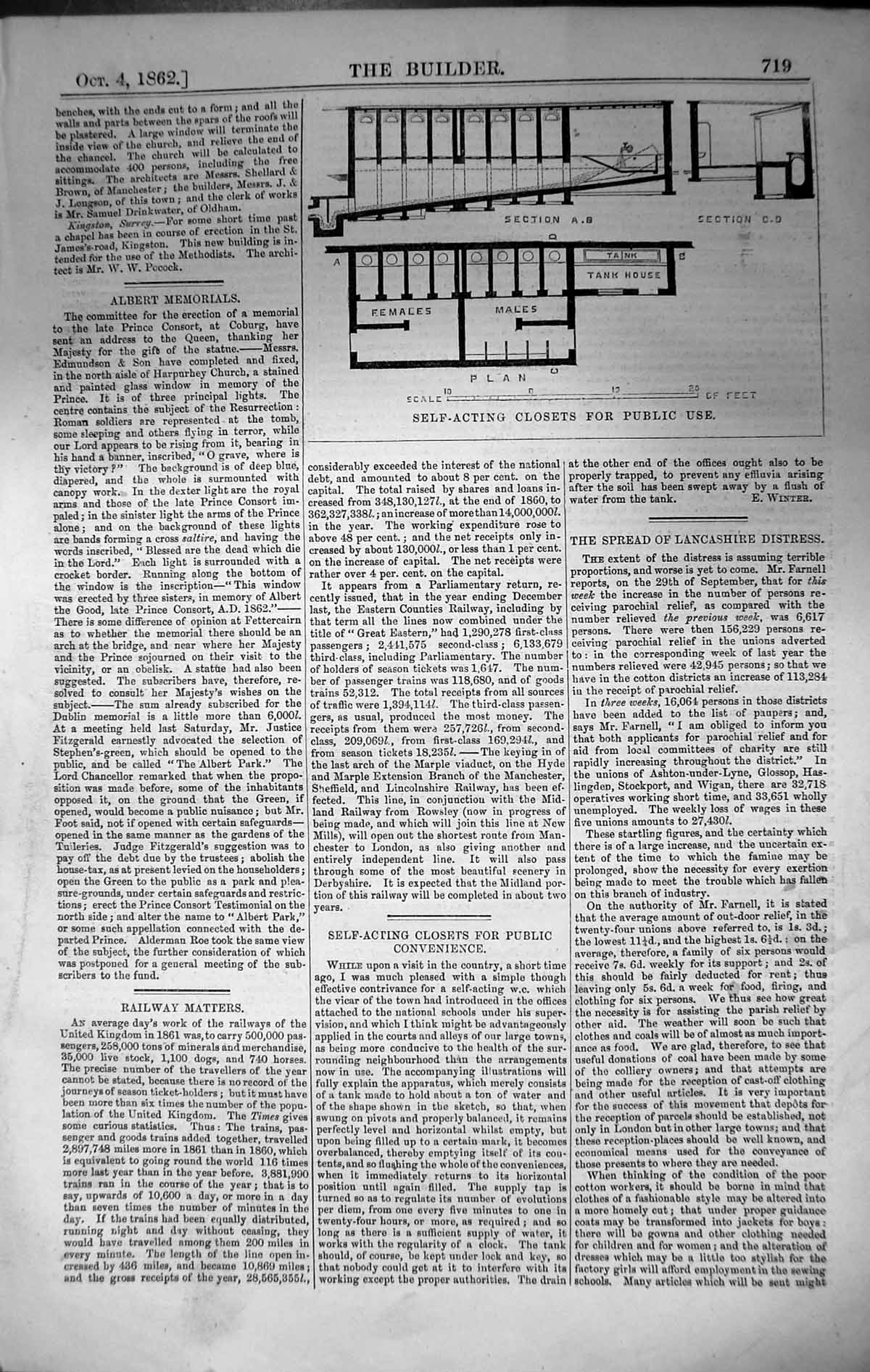 Antique Print Plan Self-Acting Closets Public Use Architecture 1862 Builder