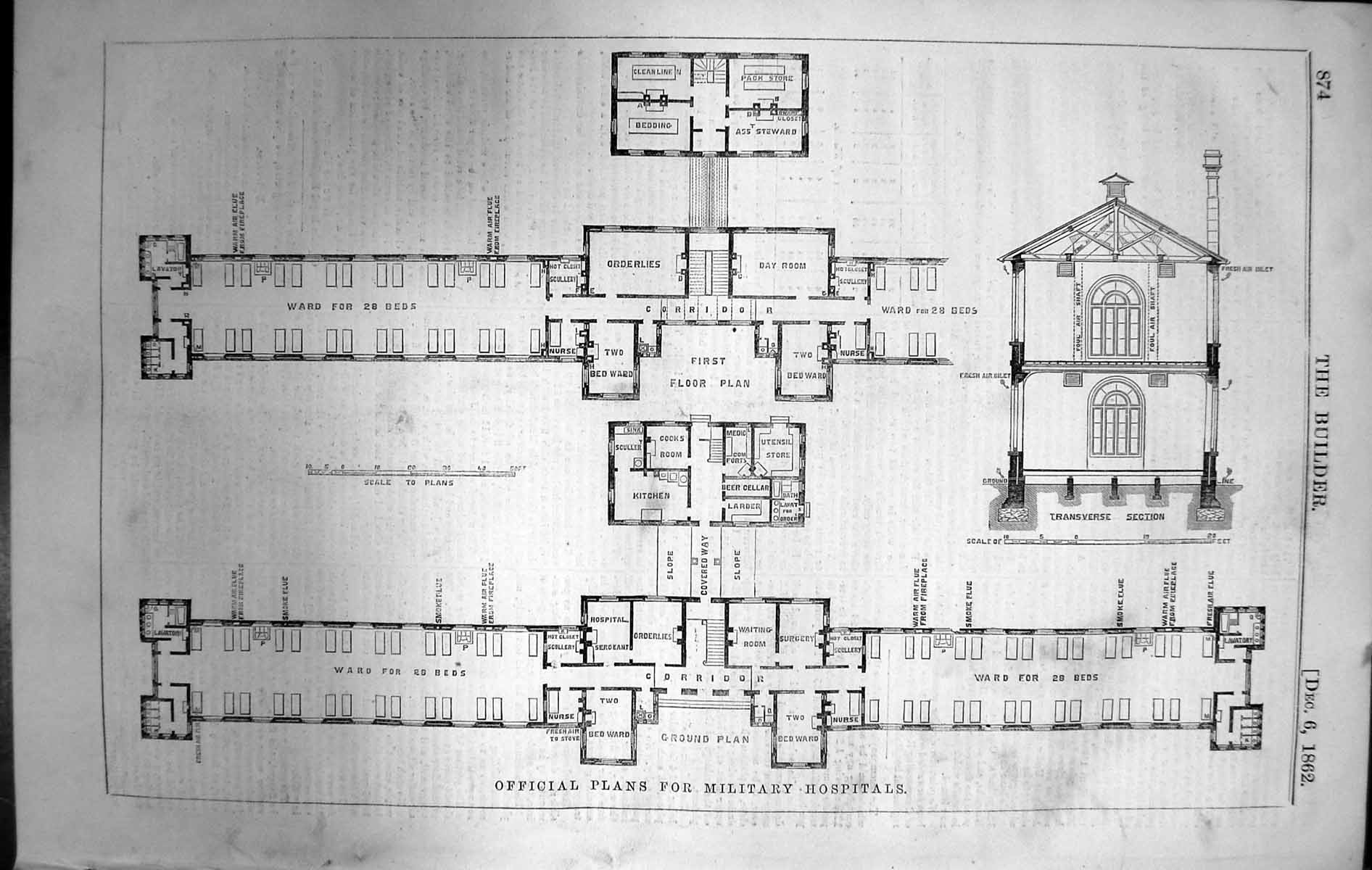 Antique Old Print Official Plans Military Hospitals Architecture 1862 Builder