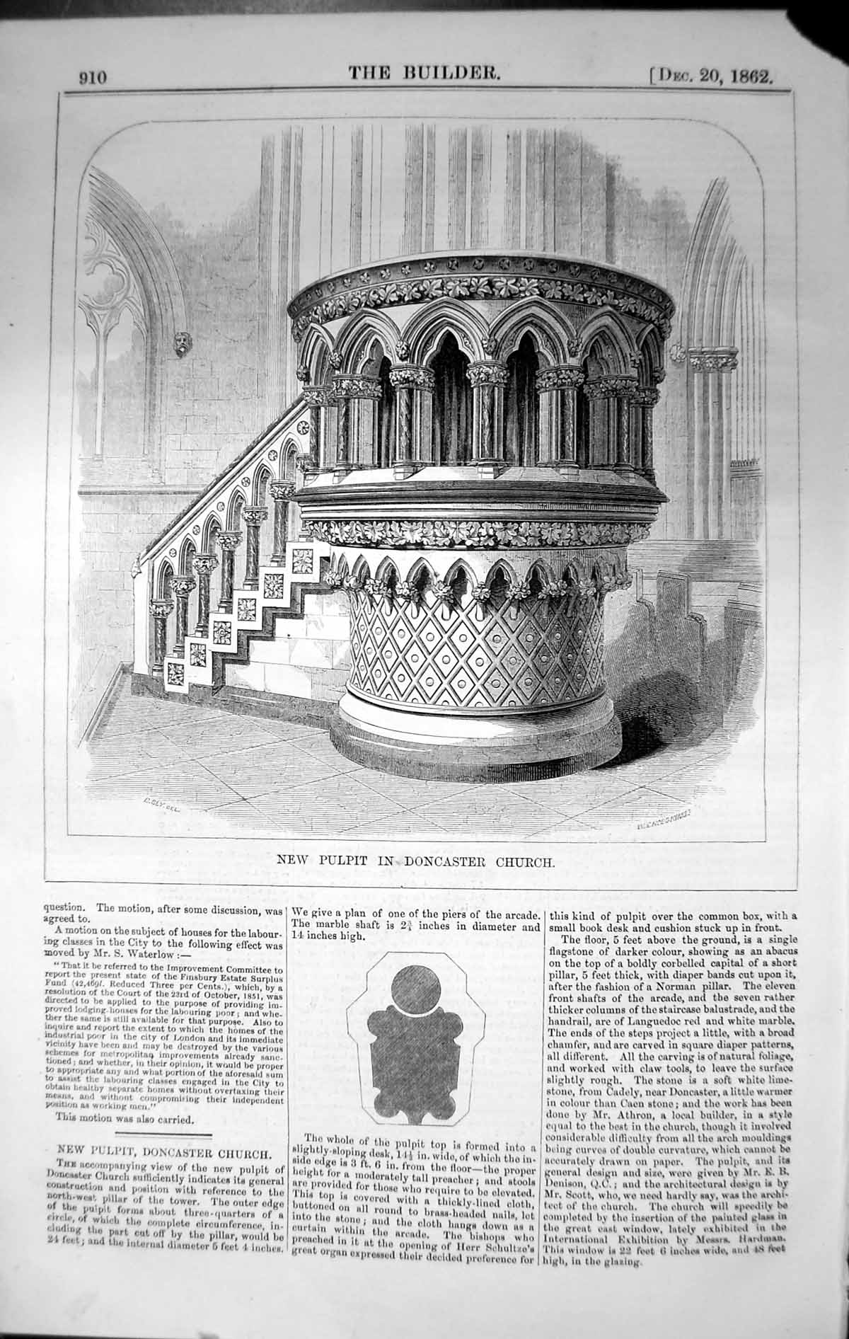 Original Old Antique Print Pulpit Doncaster Church Architecture 1862 Builder