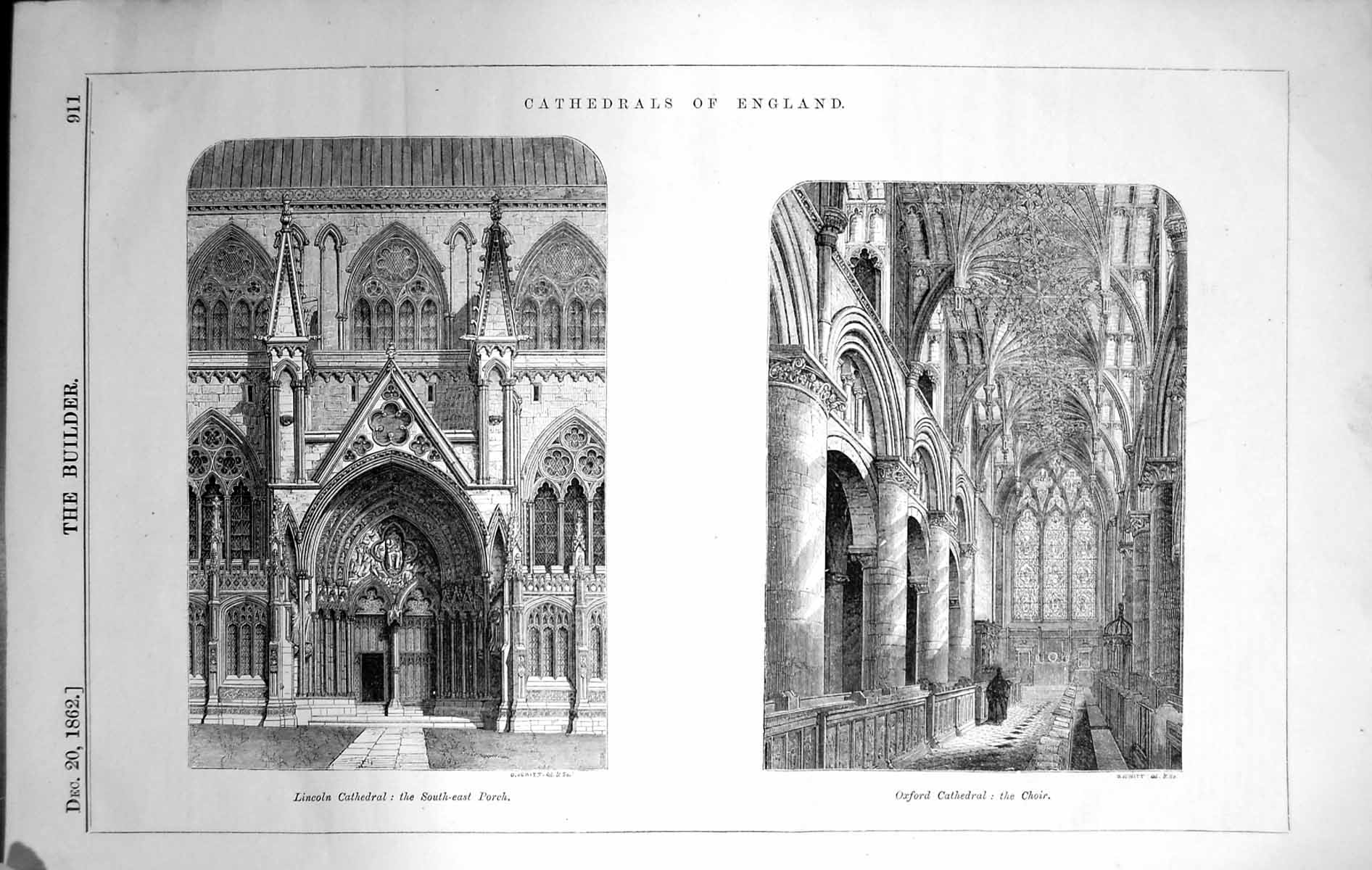 Antique Old Print England Cathedral Lincoln Oxford Architecture 1862 Builder