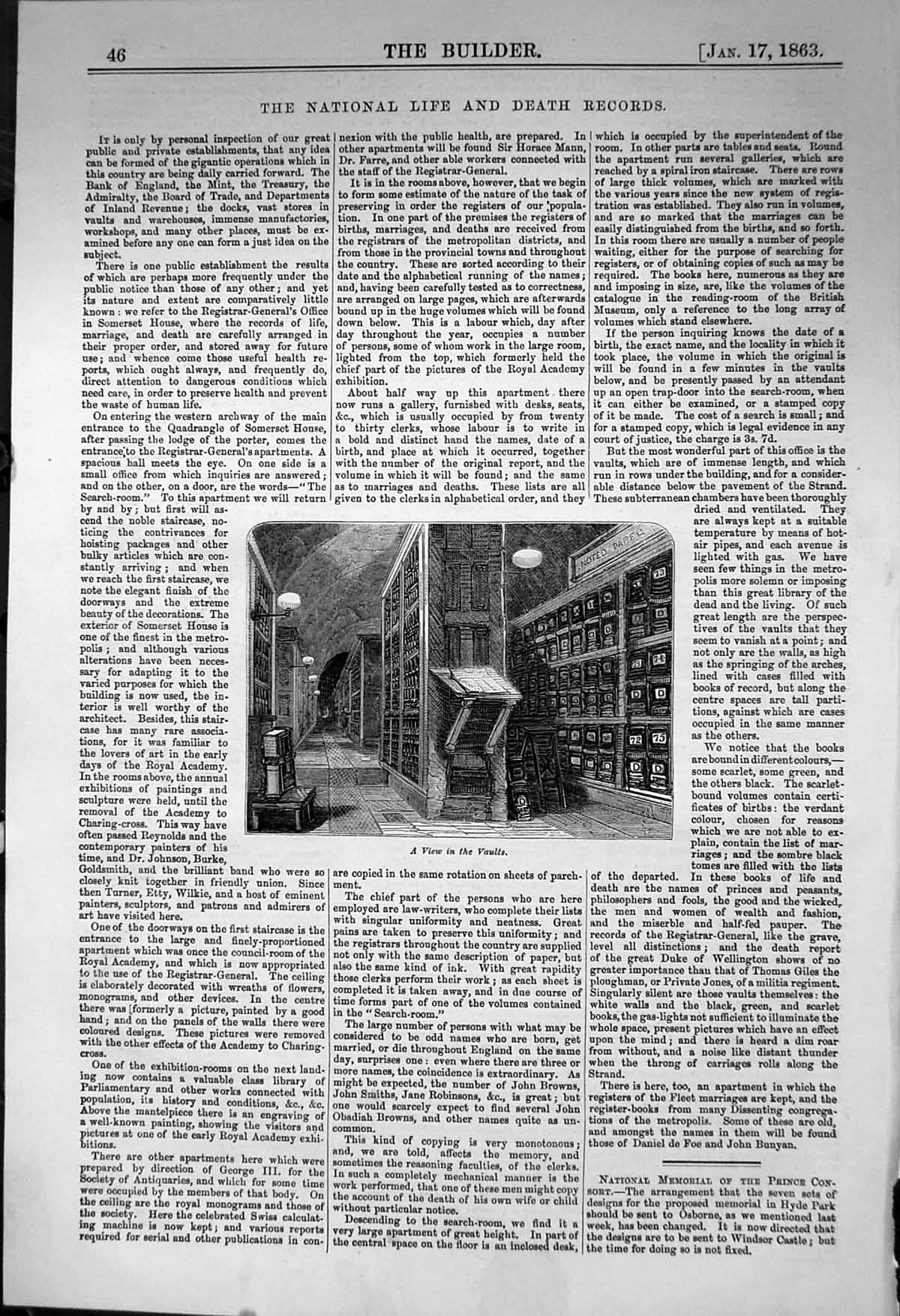 Original Old Antique Print Vault National Life Death Records 1863 Builder 19th