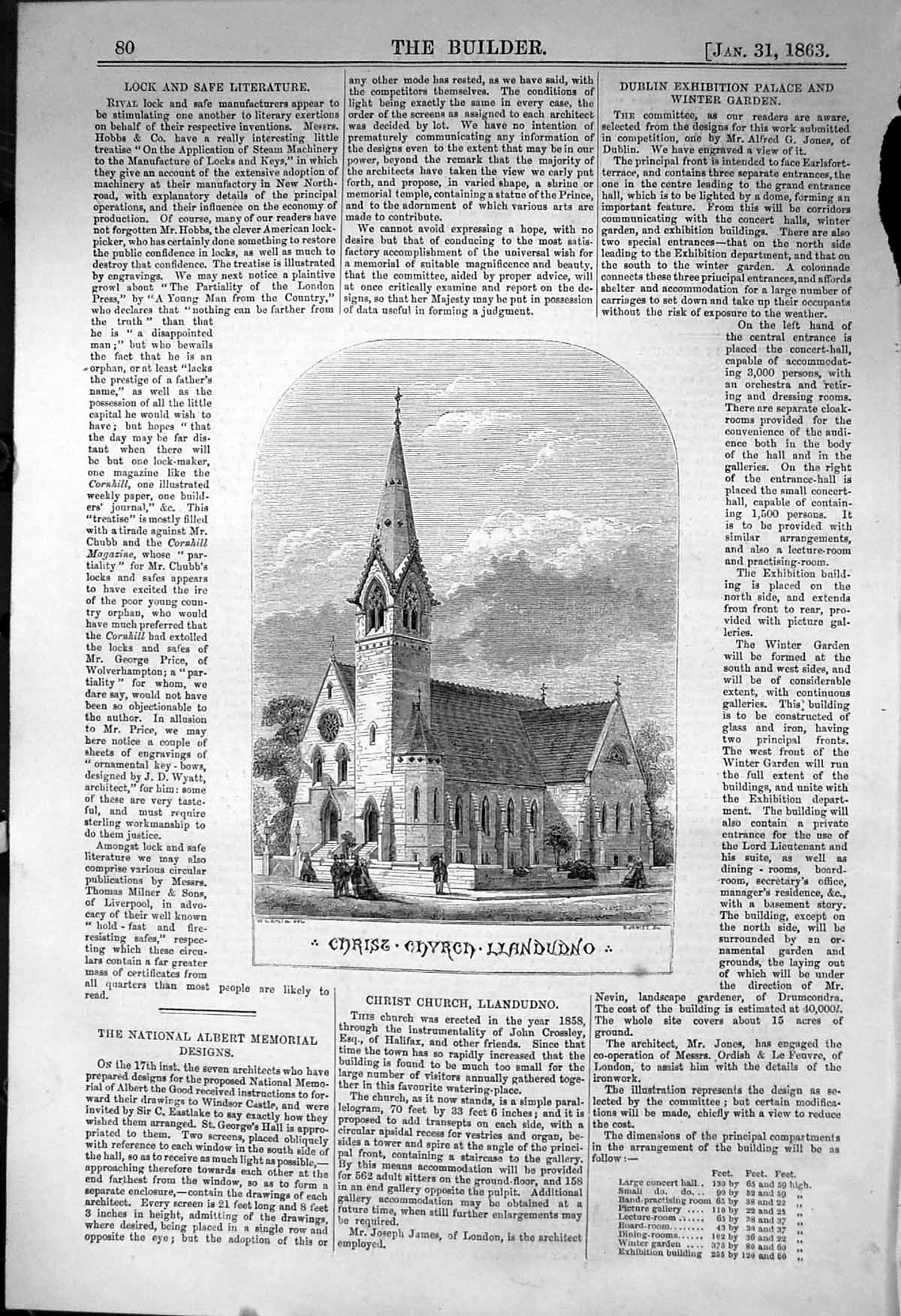 Original Old Antique Print Christ Church Llandudno Architecture 1863 Builder
