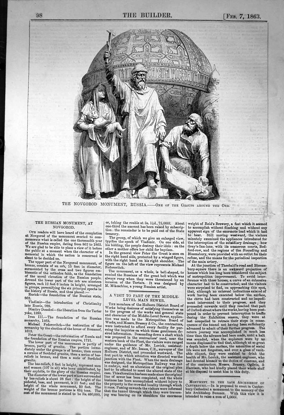 Old Antique Print Novgorod Monument Russia Group Around Orb 1863 Builder 19th