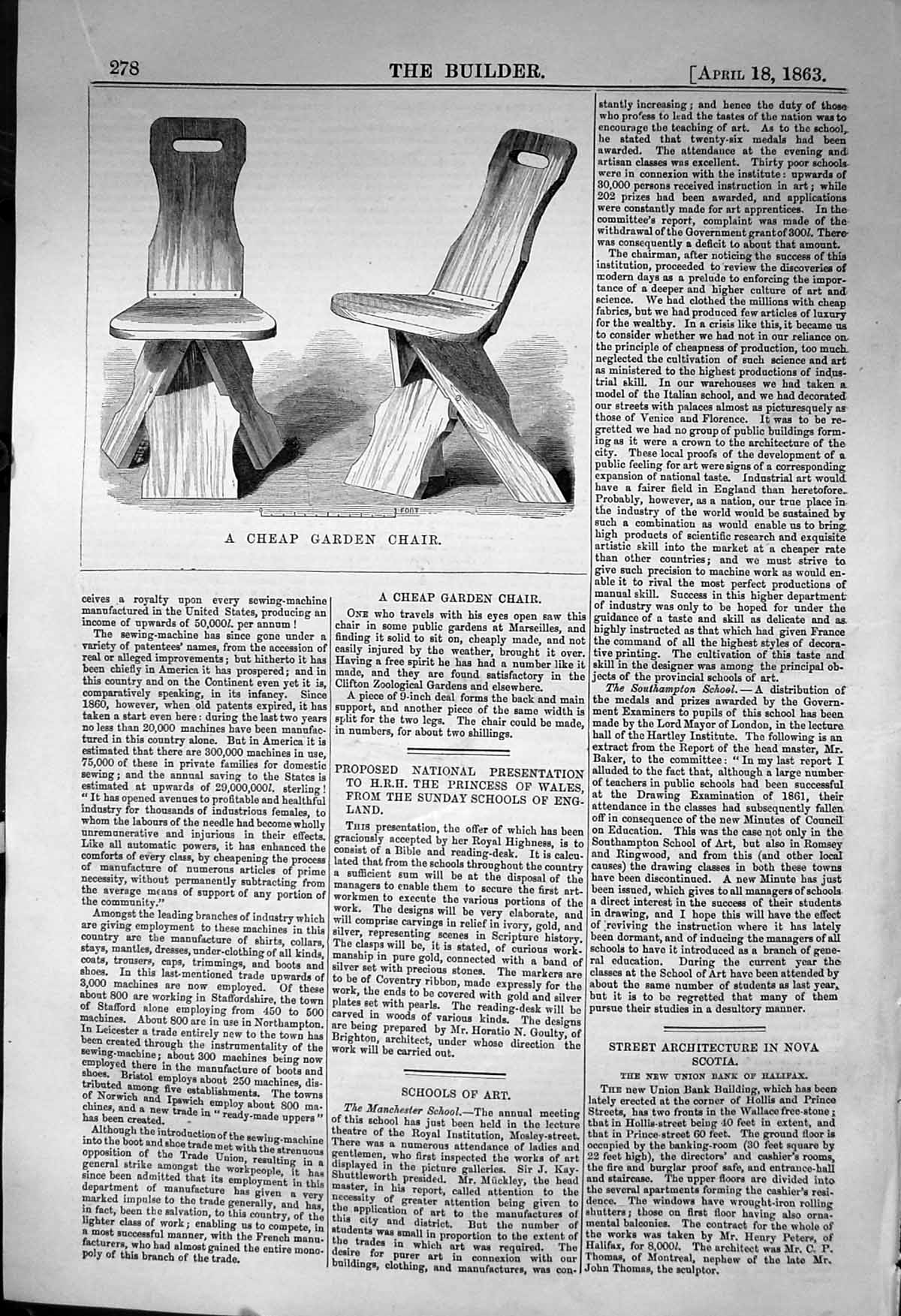 Original Old Antique Print Cheap Wooden Garden Chairs 1863 Builder Victorian