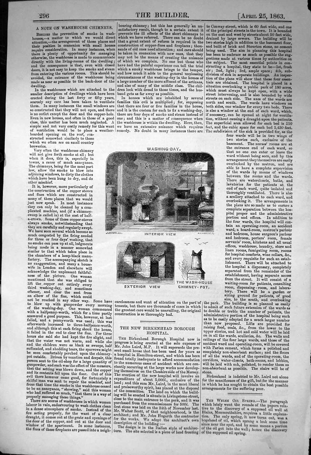 Antique Old Print Wash House Chimneys Interior Exterior Building 1863 Builder