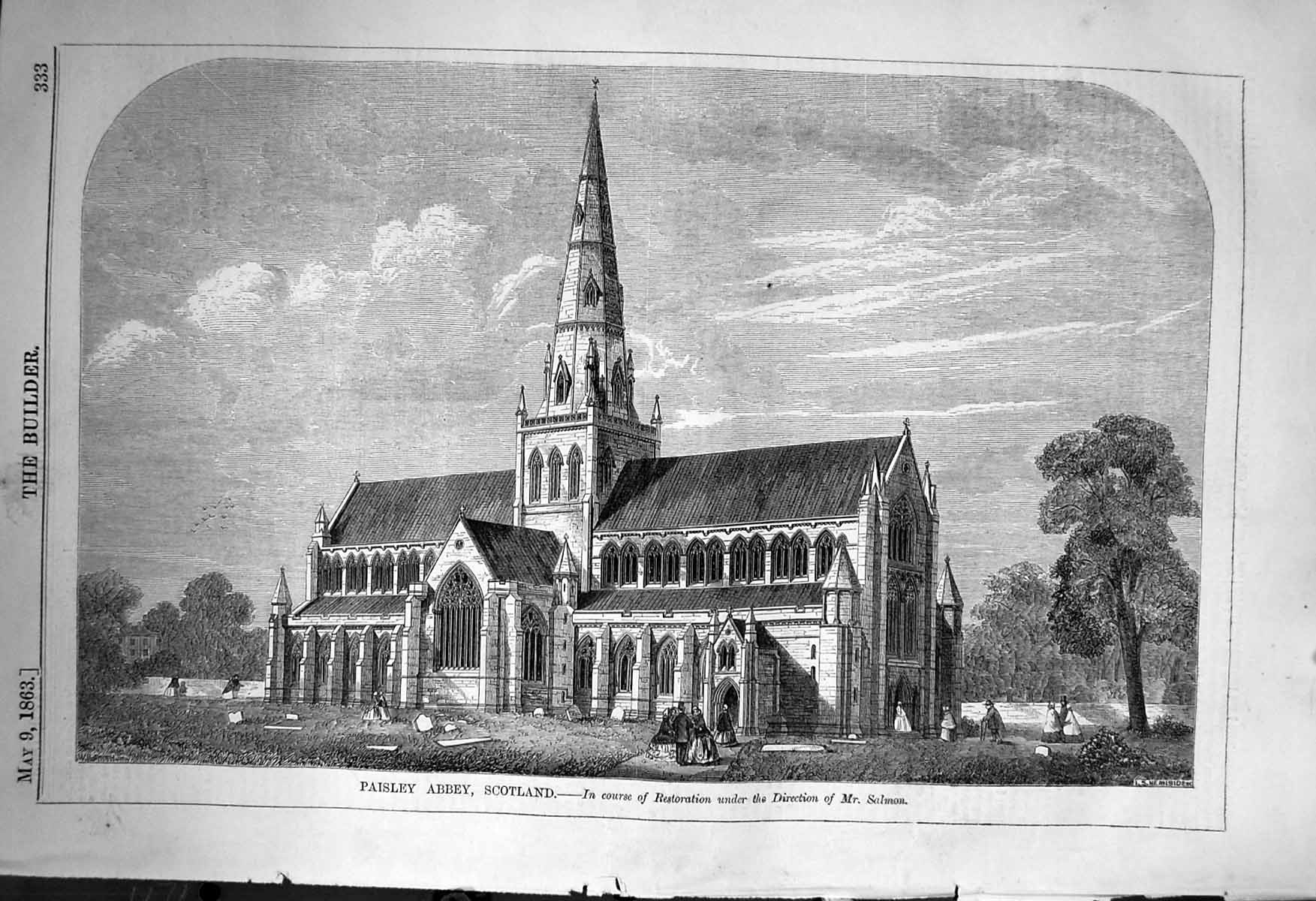 Old Antique Print Paisley Abbey Scotland Salmon Architecture 1863 Builder 19th