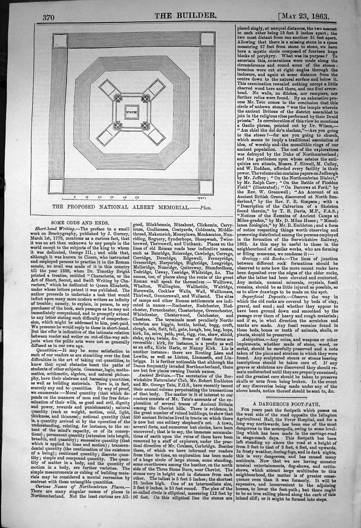 Original Old Antique Print 1863 Builder Plan Proposed National Albert Memorial