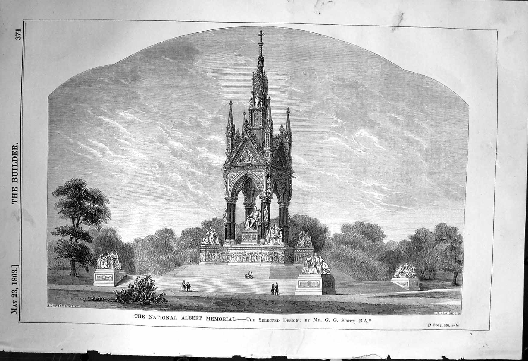 Antique Old Print National Albert Memorial Scott Architecture 1863 Builder 19th