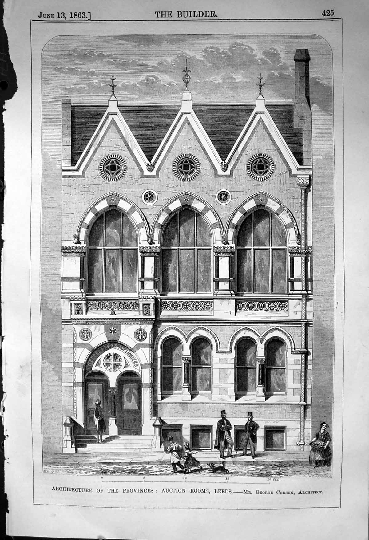 Antique Print Auction Room Building Leeds Corson Architecture 1863 Builder 19th