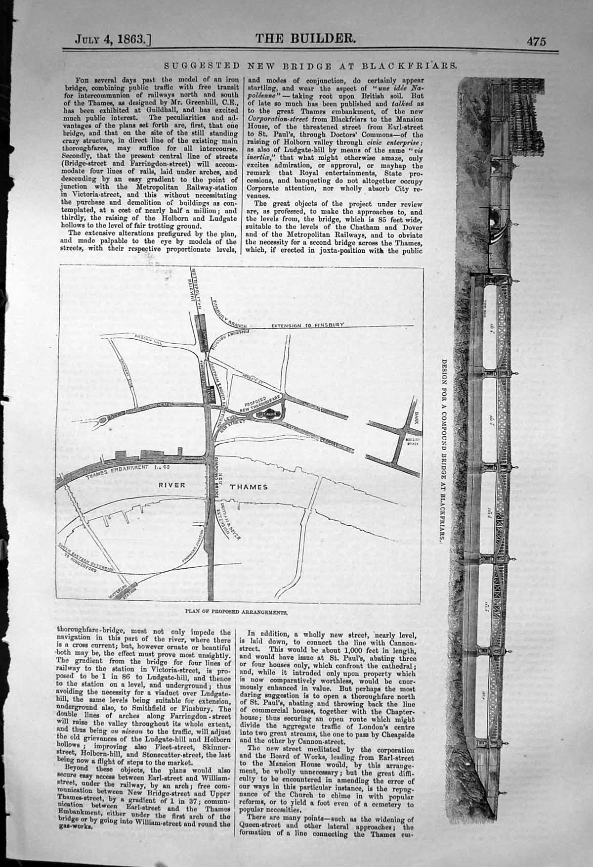 Antique Old Print Engineering Proposed New Bridge Blackfriars 1863 Builder 19th