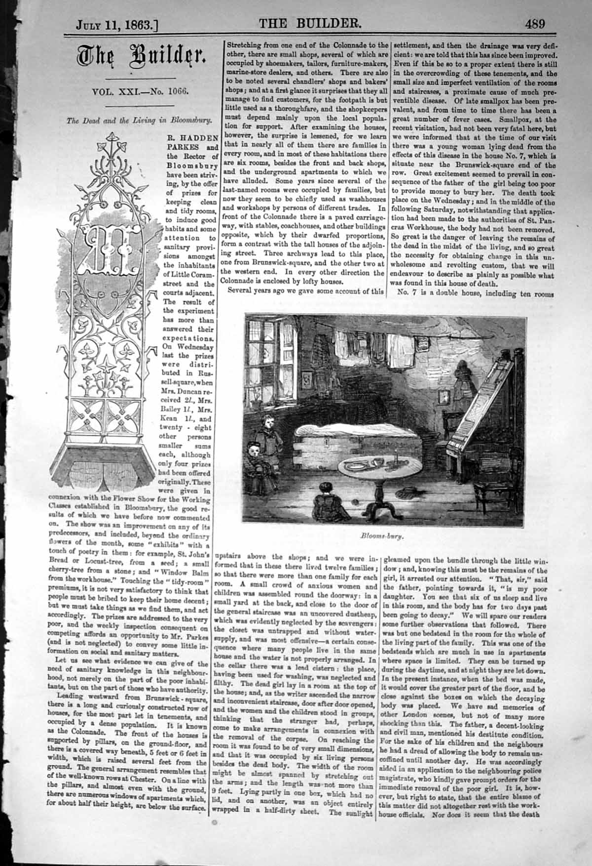 Original Old Antique Print Interior Bloomsbury House Architecture 1863 Builder