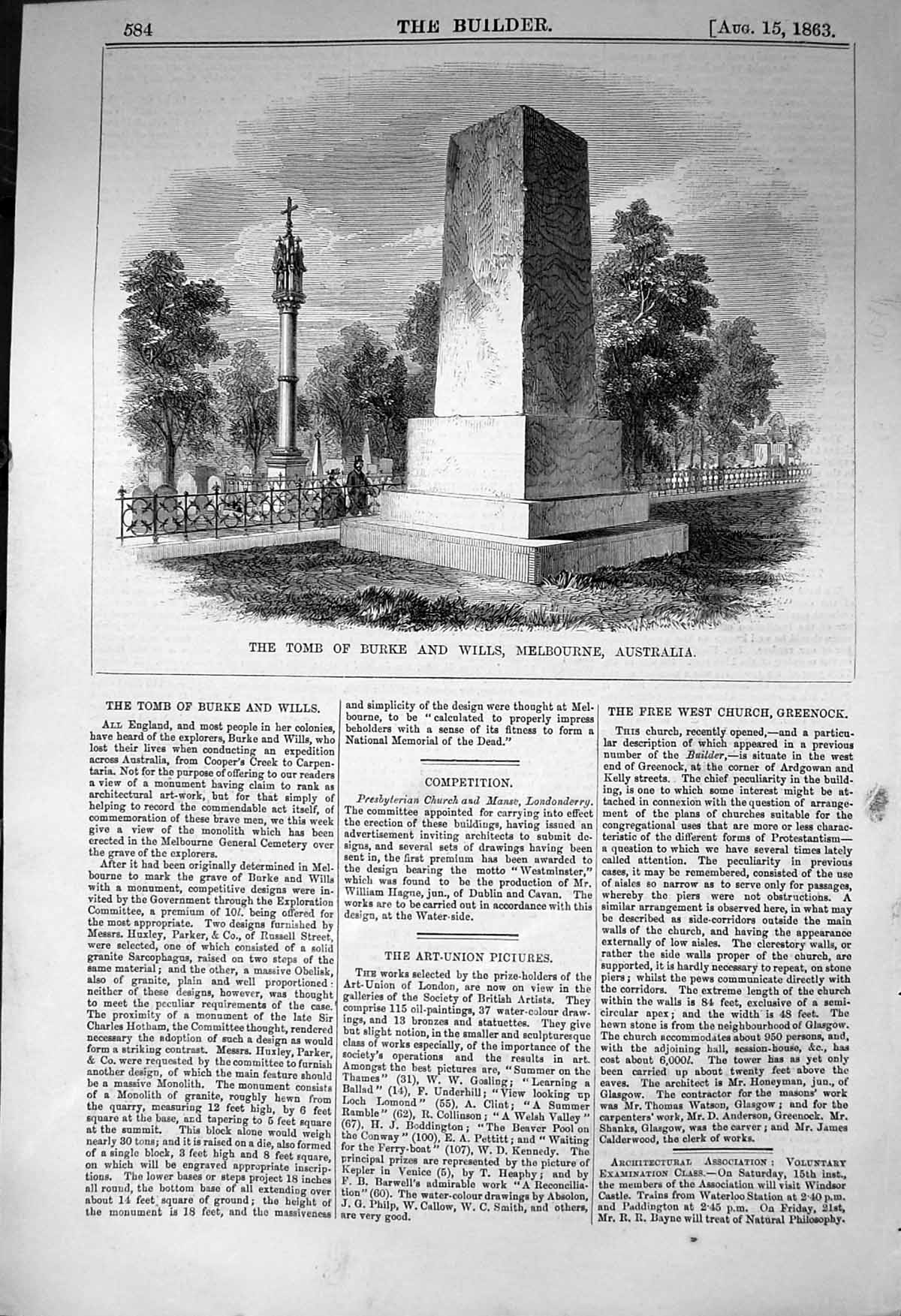 Old Print Tomb Burke Wills Melbourne Australia Architecture 1863 Builder 19th