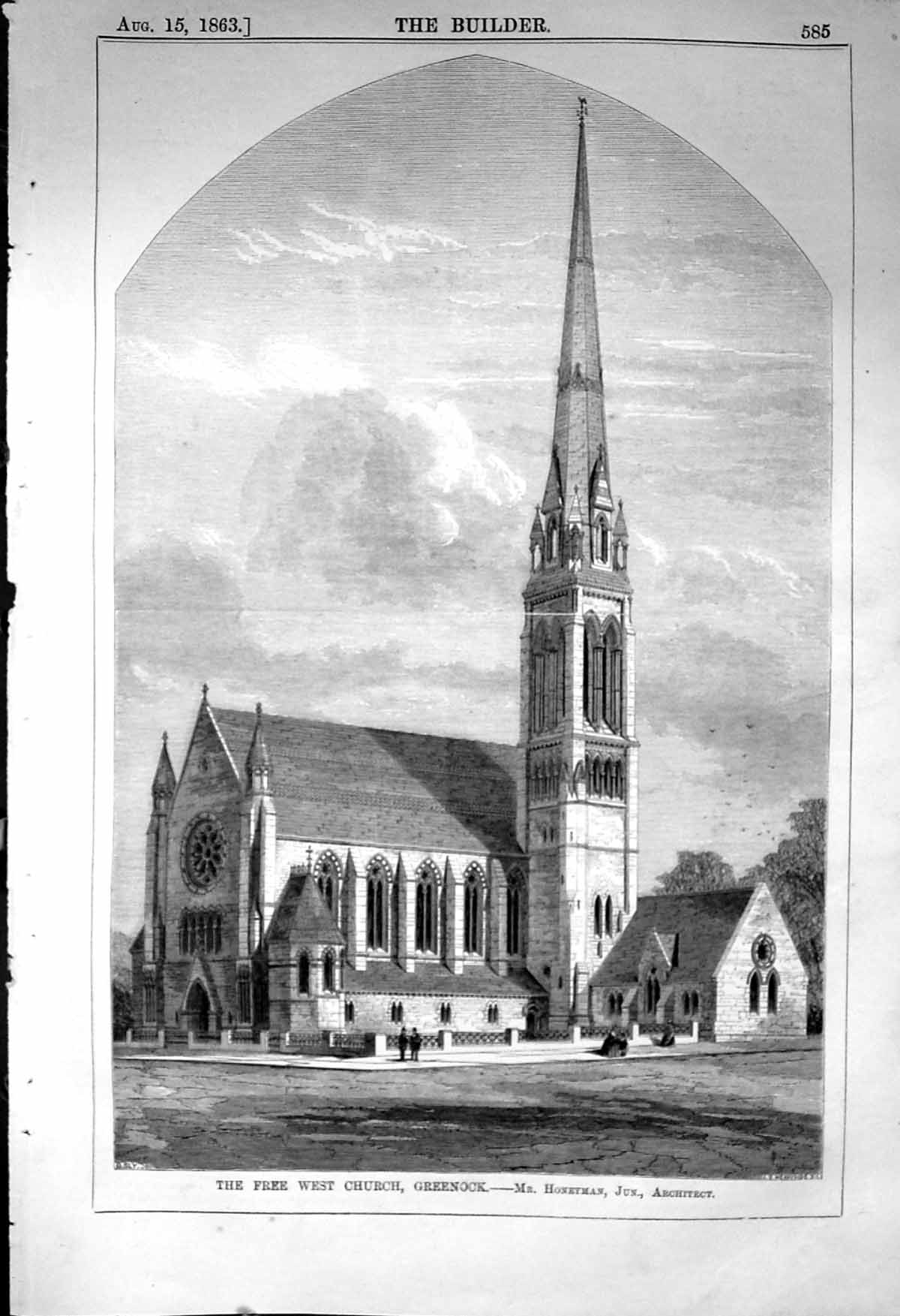 Antique Print Free West Church Greenock Honeyman Architecture 1863 Builder 19th