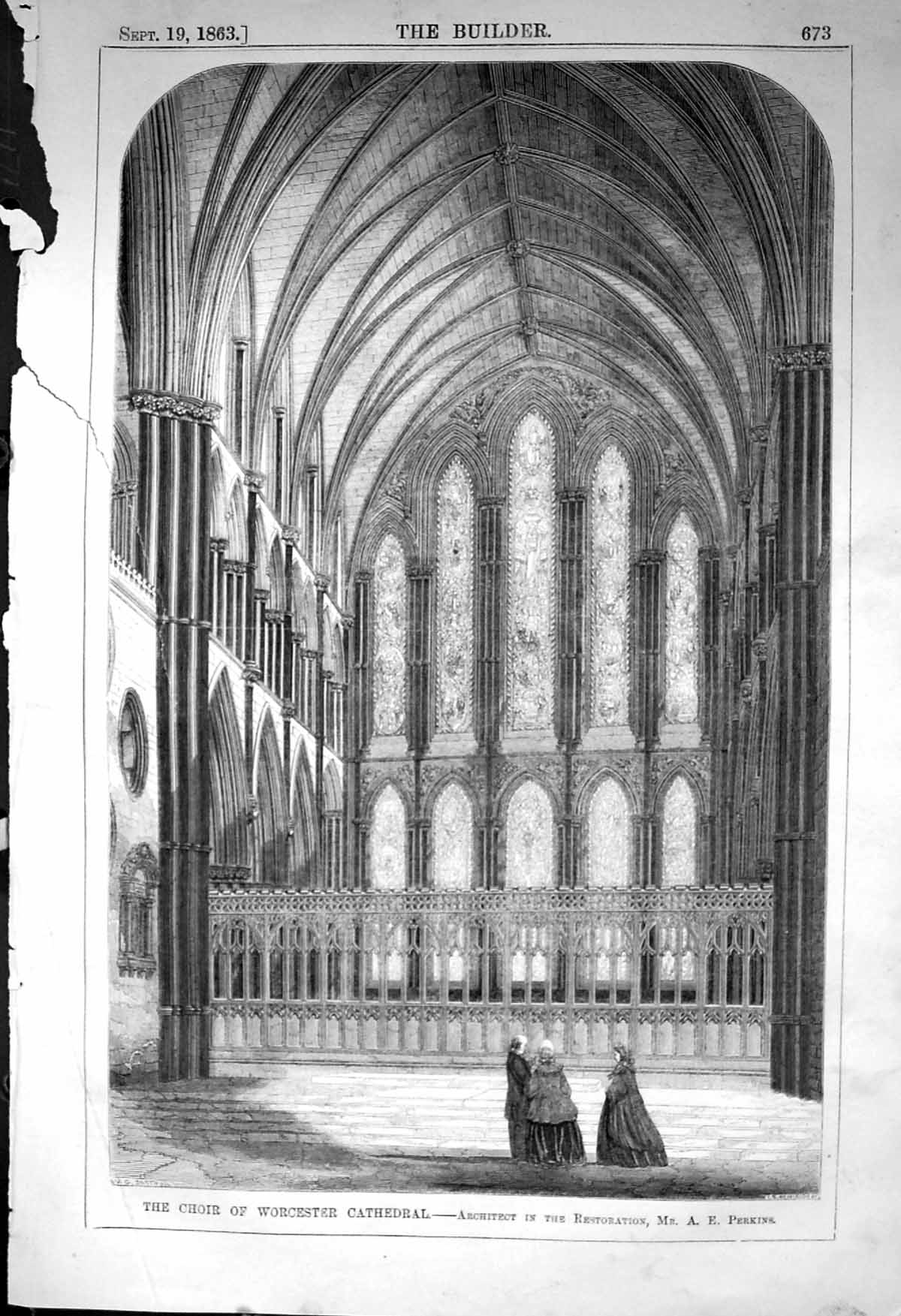 Antique Old Print Choir Worcester Cathedral Perkins Architecture 1863 Builder