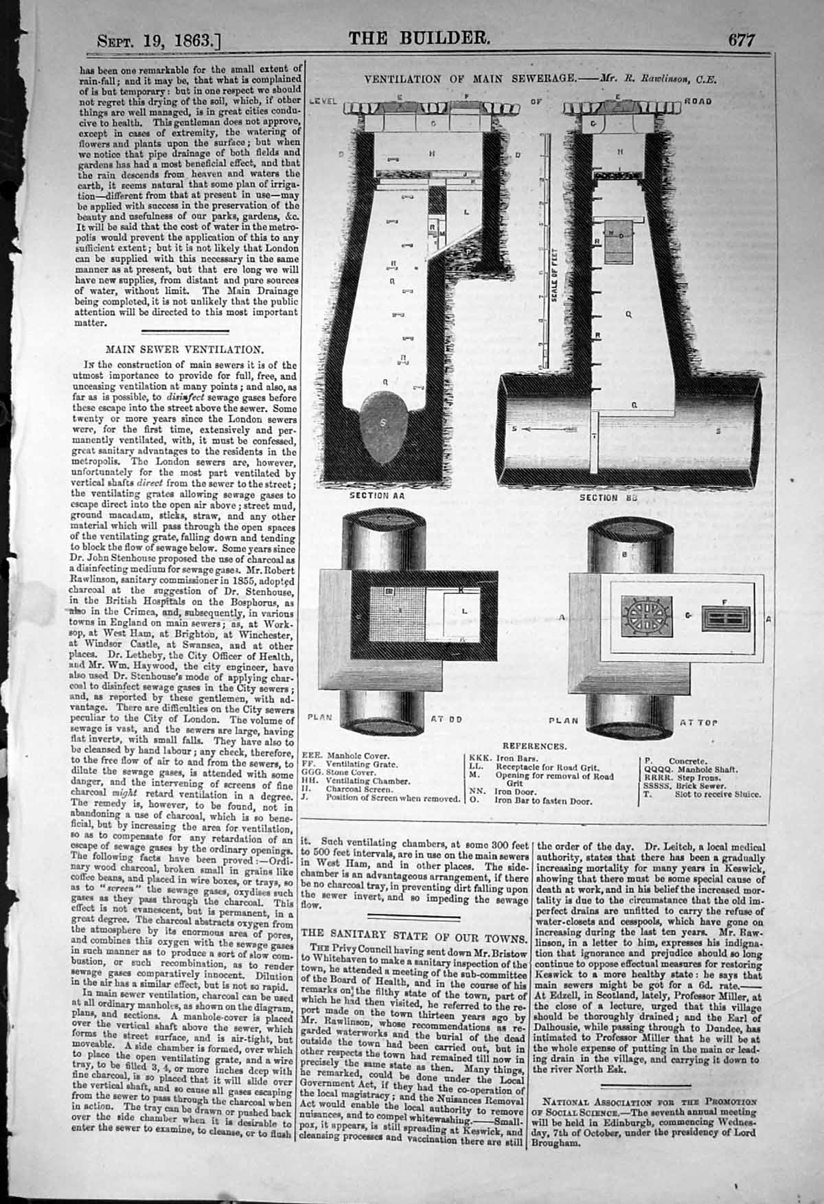 Original Old Antique Print Ventilation Main Sewerage Rawlinson 1863 Builder