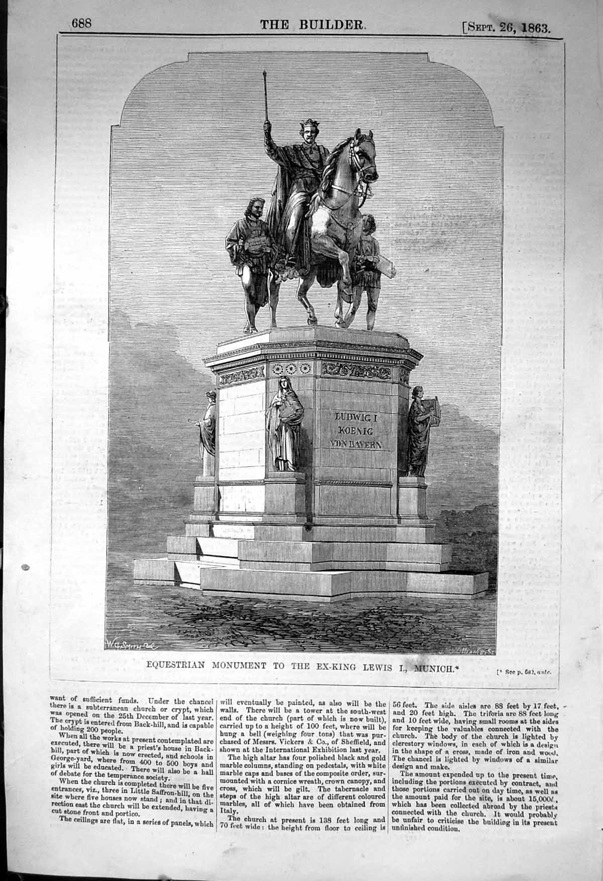 Old Antique Print Equestrian Monument Ex-King Lewis Munich 1863 Builder 19th