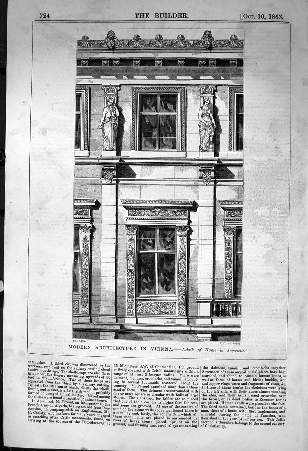 Antique Old Print Modern Architecture Vienna House Jagerzeiel 1863 Builder 19th