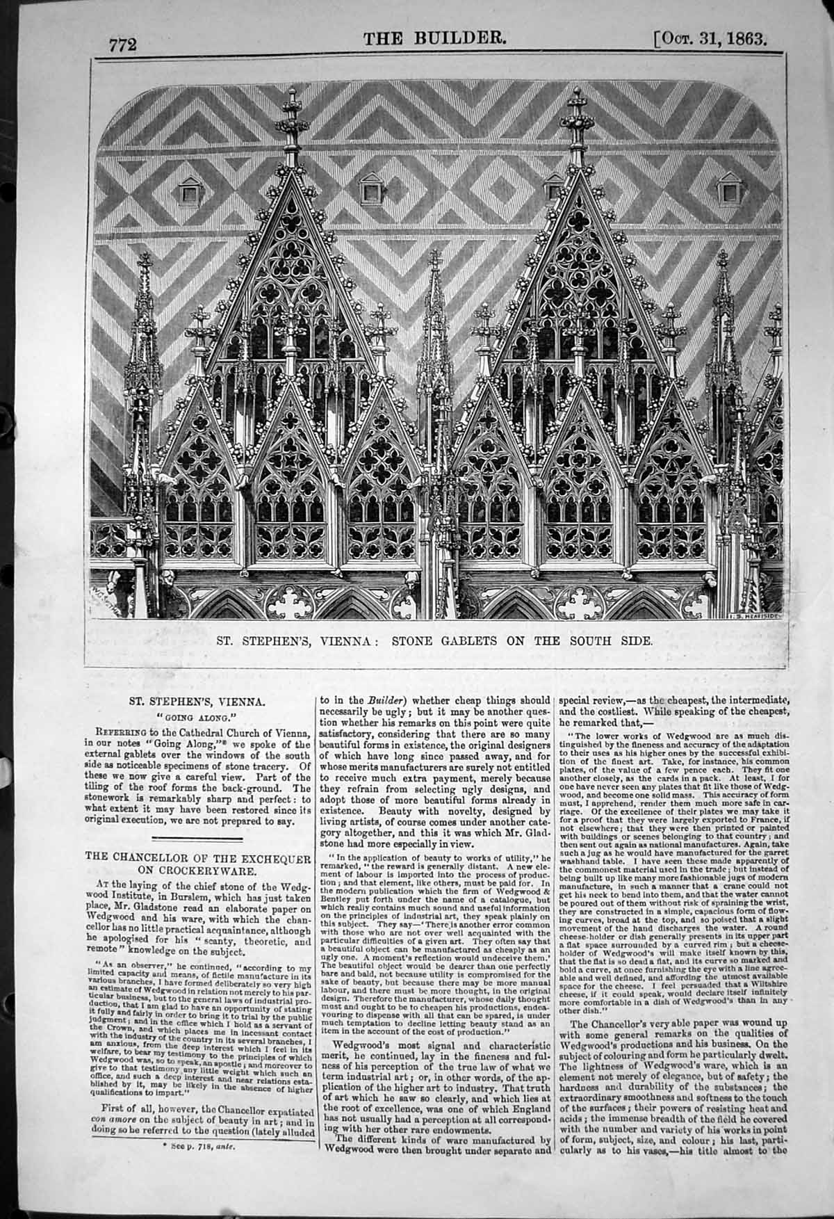 Antique Print St. Stephen'S Vienna Stone Gablets Architecture 1863 Builder 19th