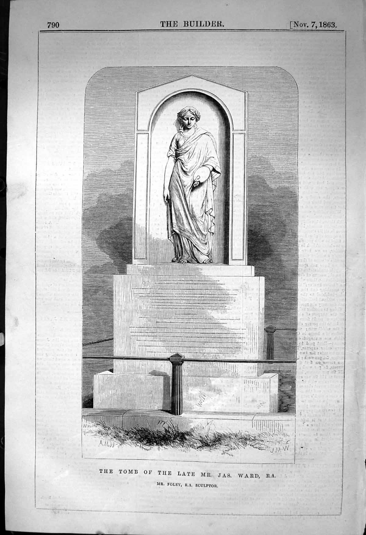 Original Old Antique Print Tomb James Ward Foley Sculptor 1863 Builder 19th