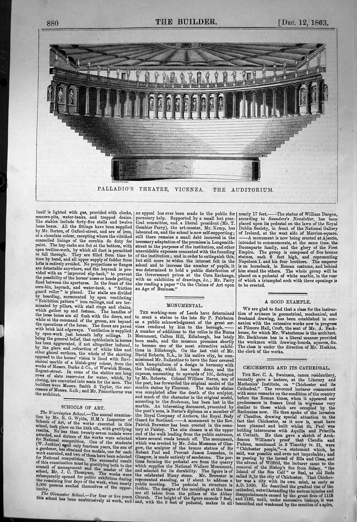 Old Print Palladios Theatre Vicenza Auditorium Architecture 1863 Builder 19th