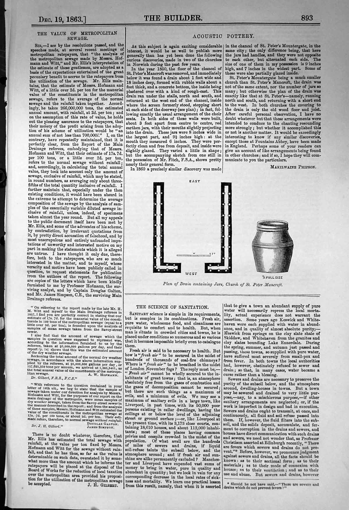 Old Antique Print Plan Drain Jars Church St. Peter Mancroft 1863 Builder 19th