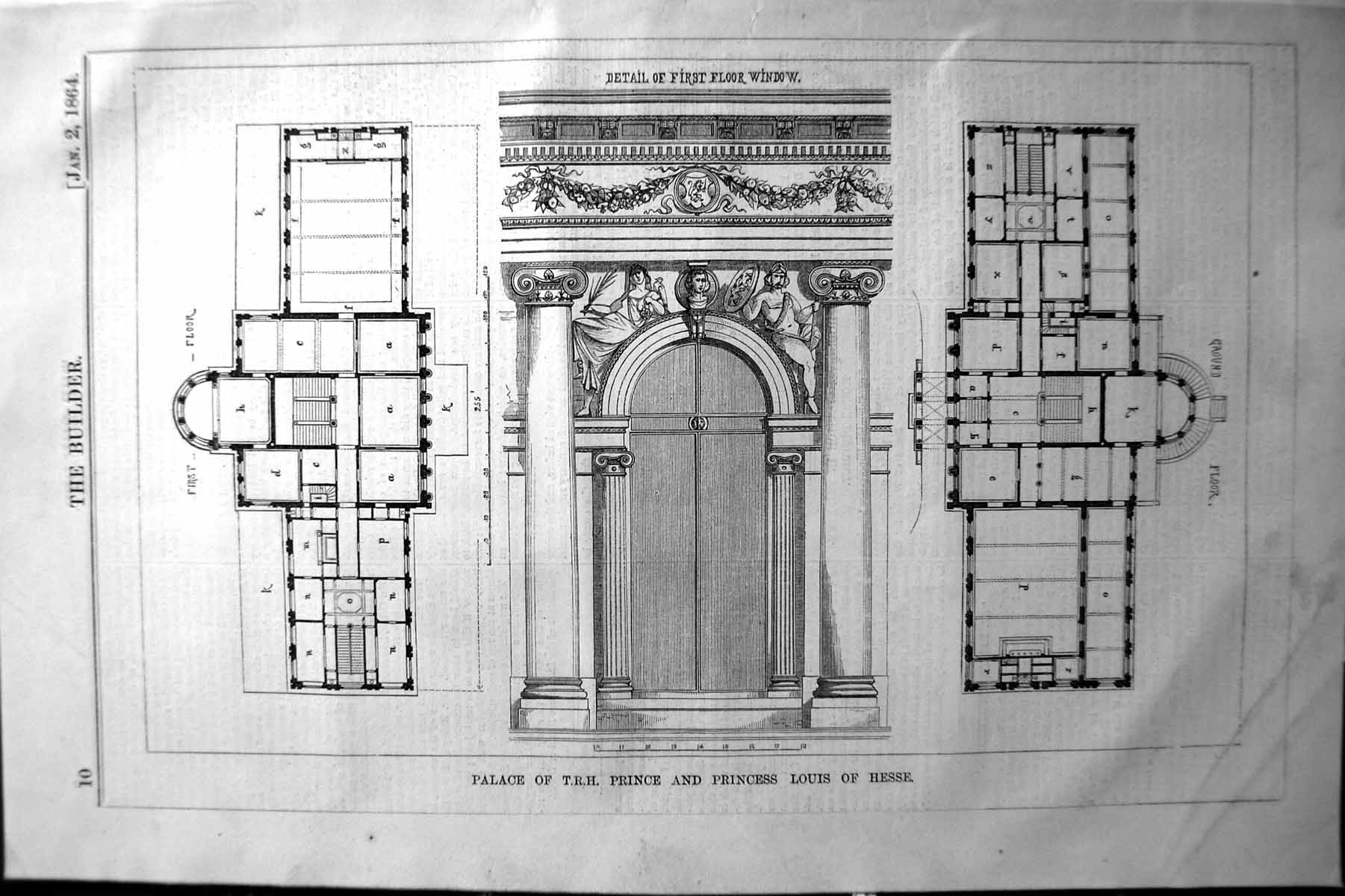 Old 1864 Builder Plan Palace Prince Princess Louis Hesse Architecture Victorian