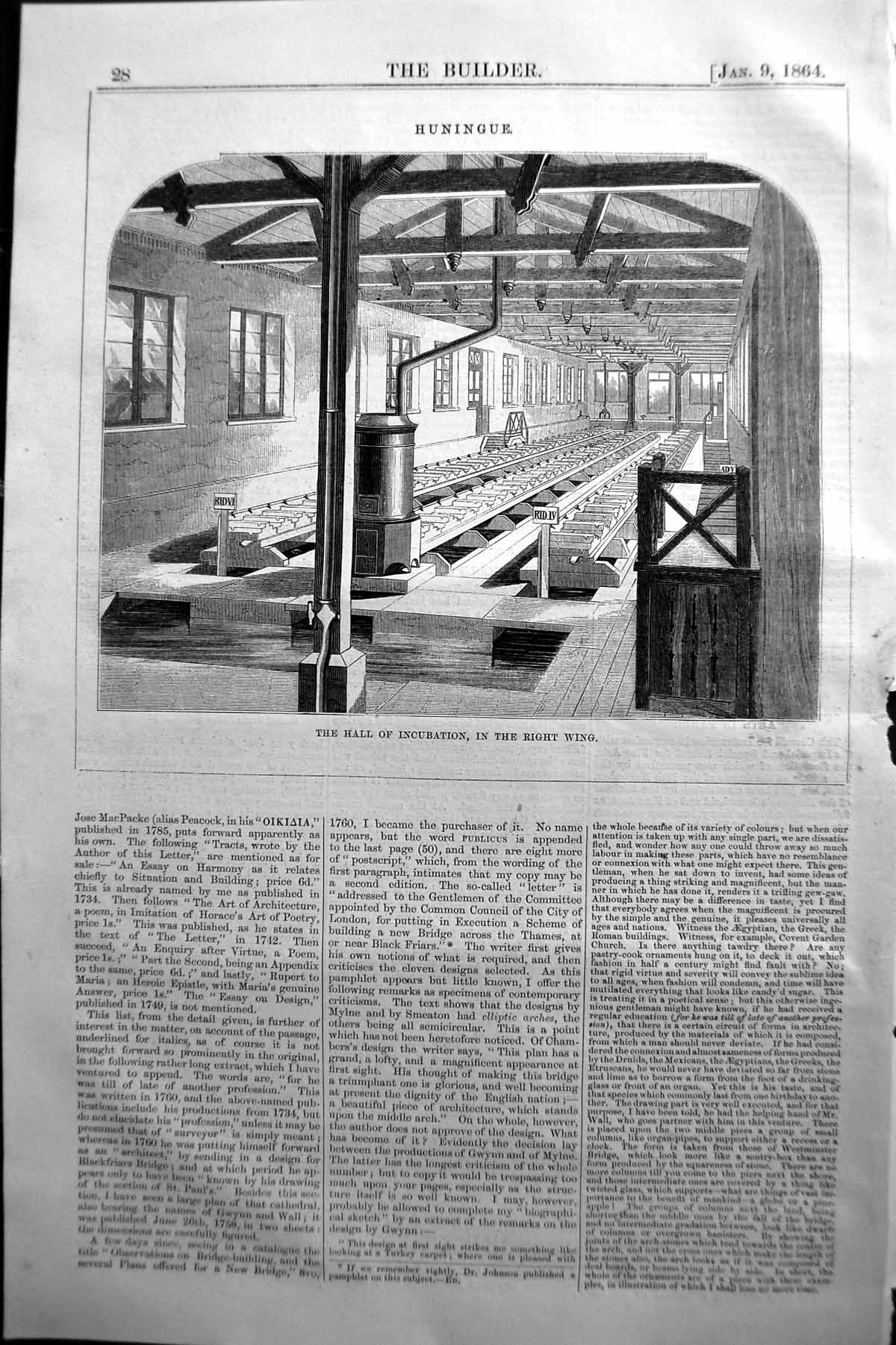 Original Old Antique Print 1864 Builder Hall Incubation Huningue 19th